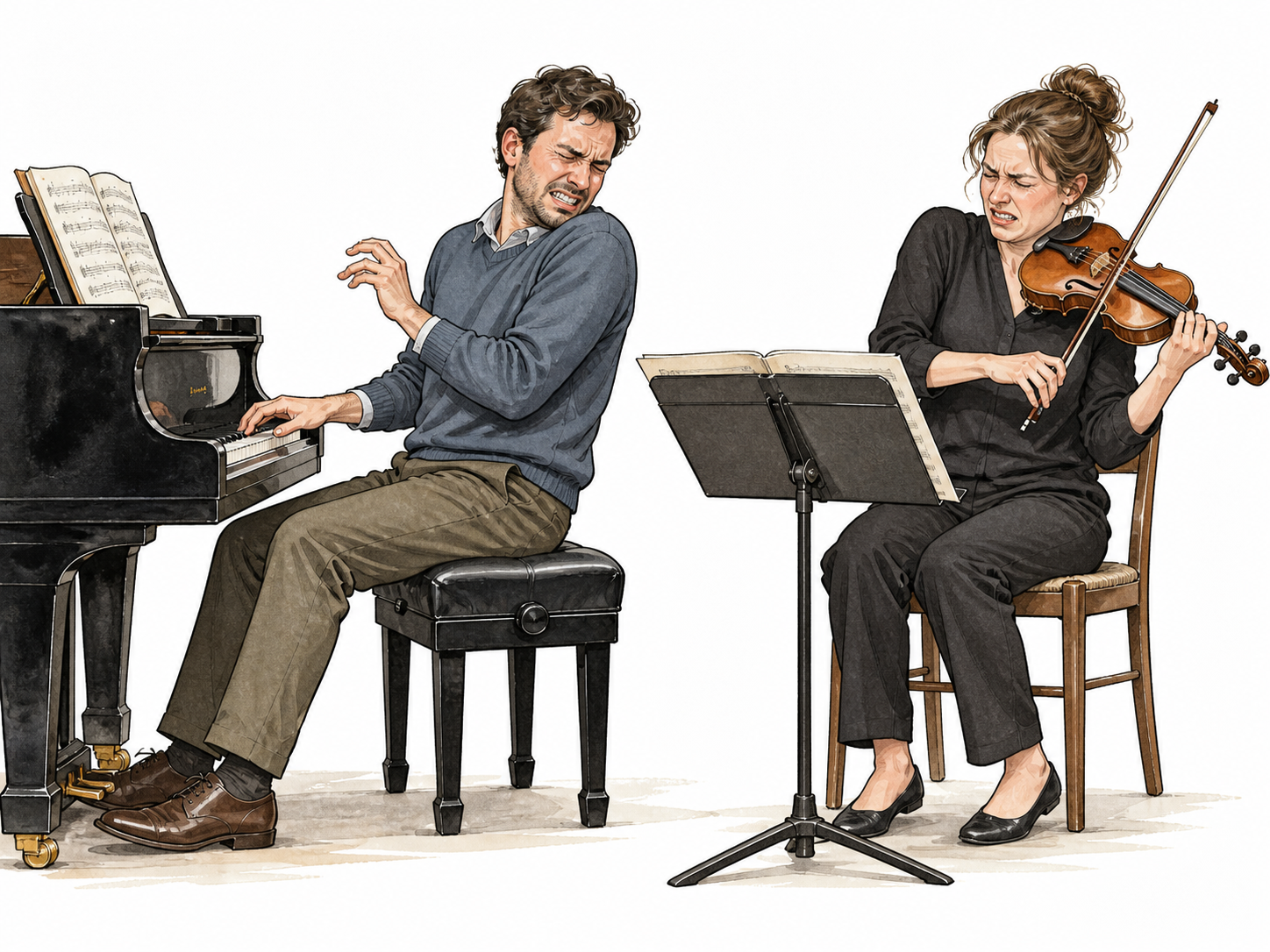 Two musicians in rehearsal look uncomfortable after a harsh discordant chord on piano, visible wince.