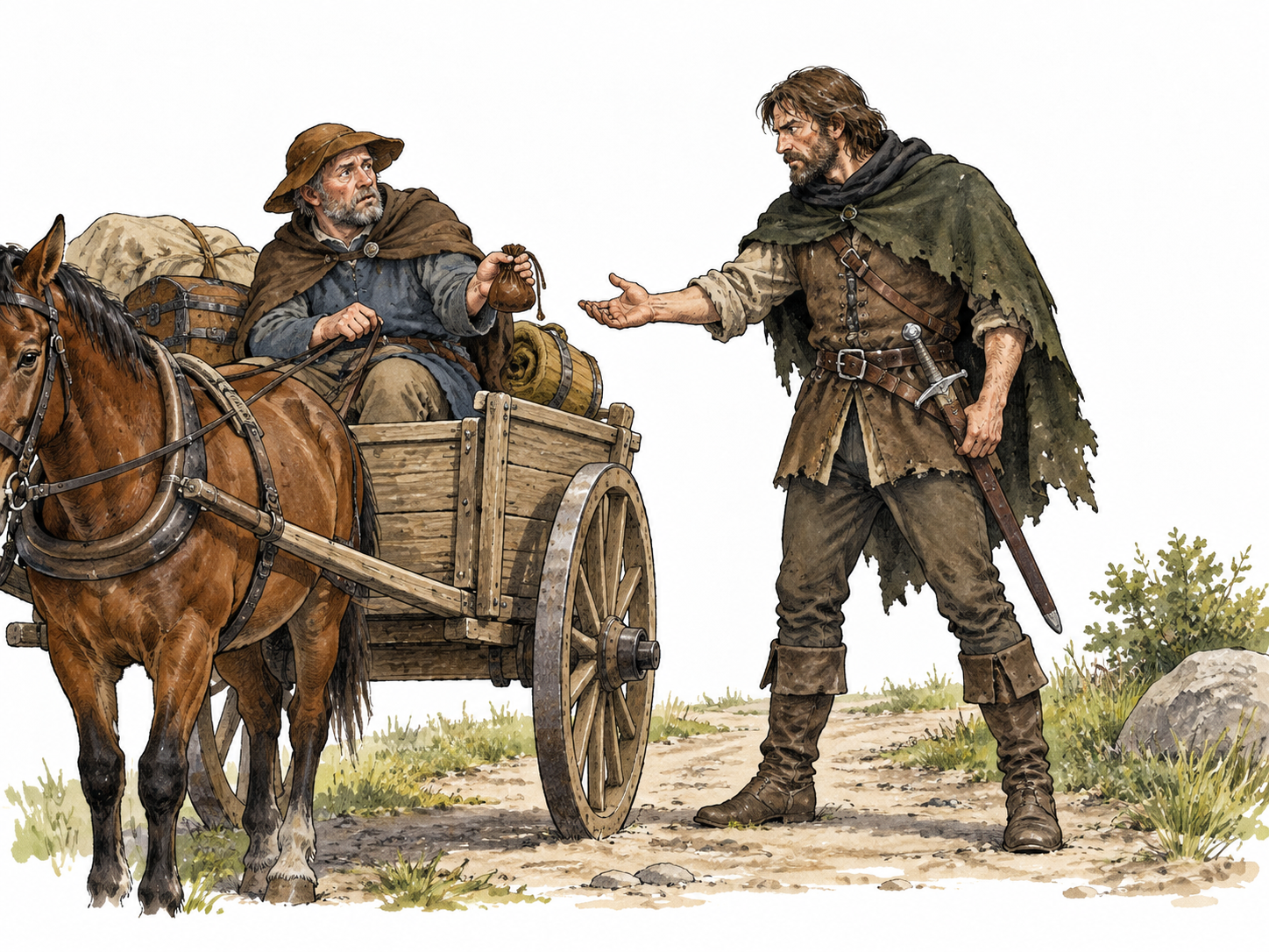White adult medieval highway robber blocks a traveler's cart and demands purse, no injury, dramatic sober mood.