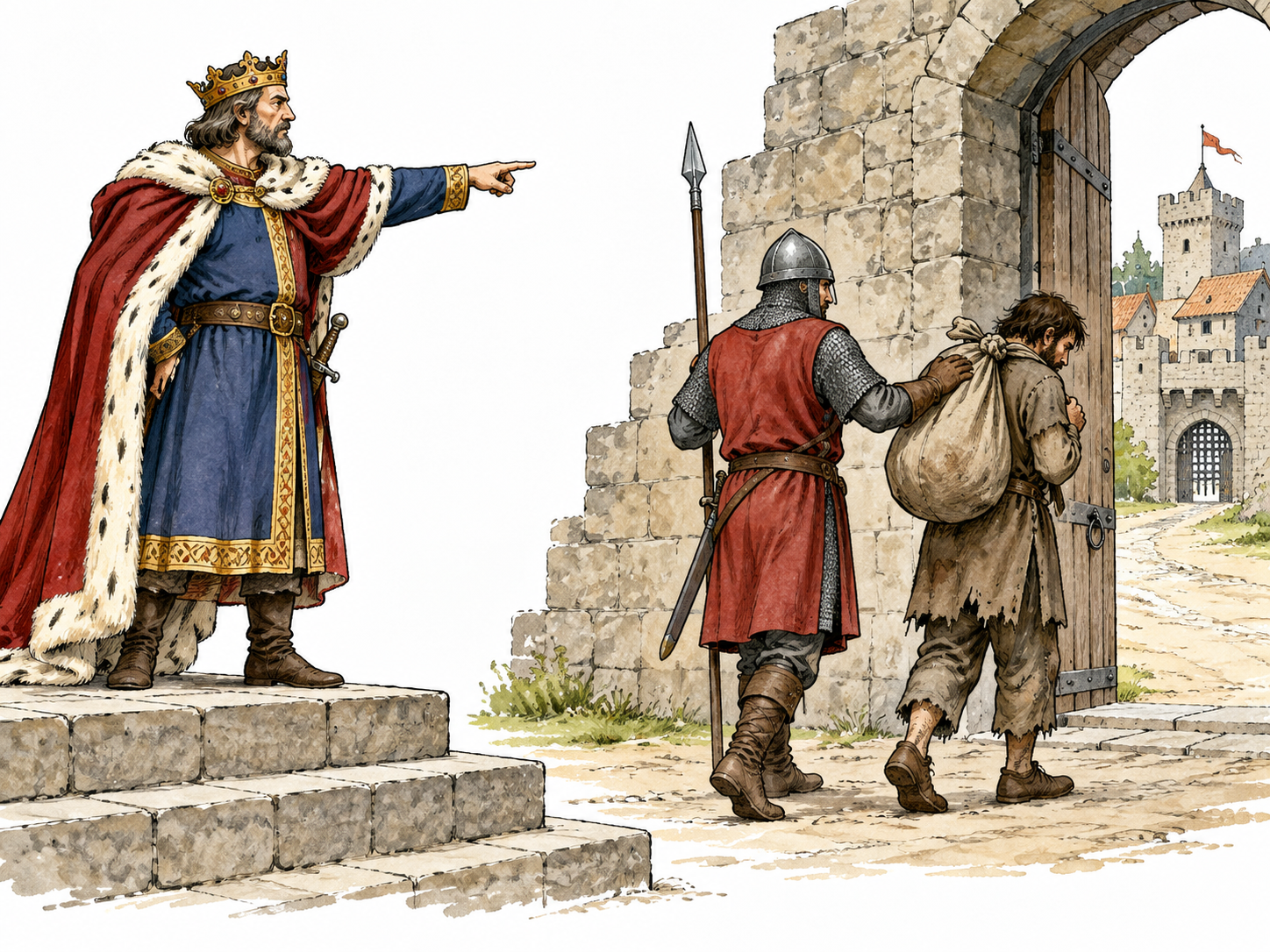 Medieval ruler points toward city gate as an expelled adult with bundle walks out escorted by guard.