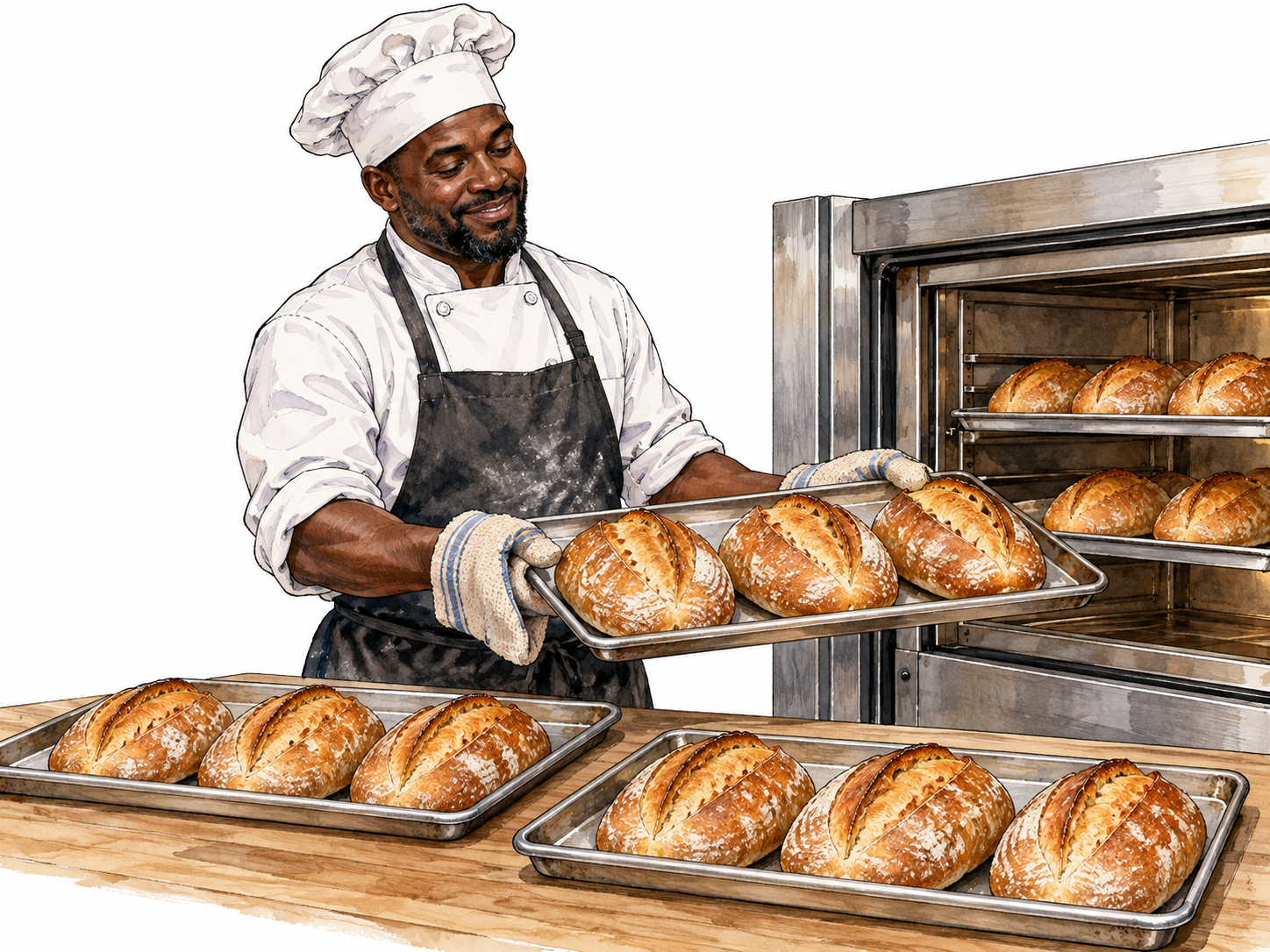 A Black baker presenting equally well-shaped loaves from successive trays, steady repeatable quality.