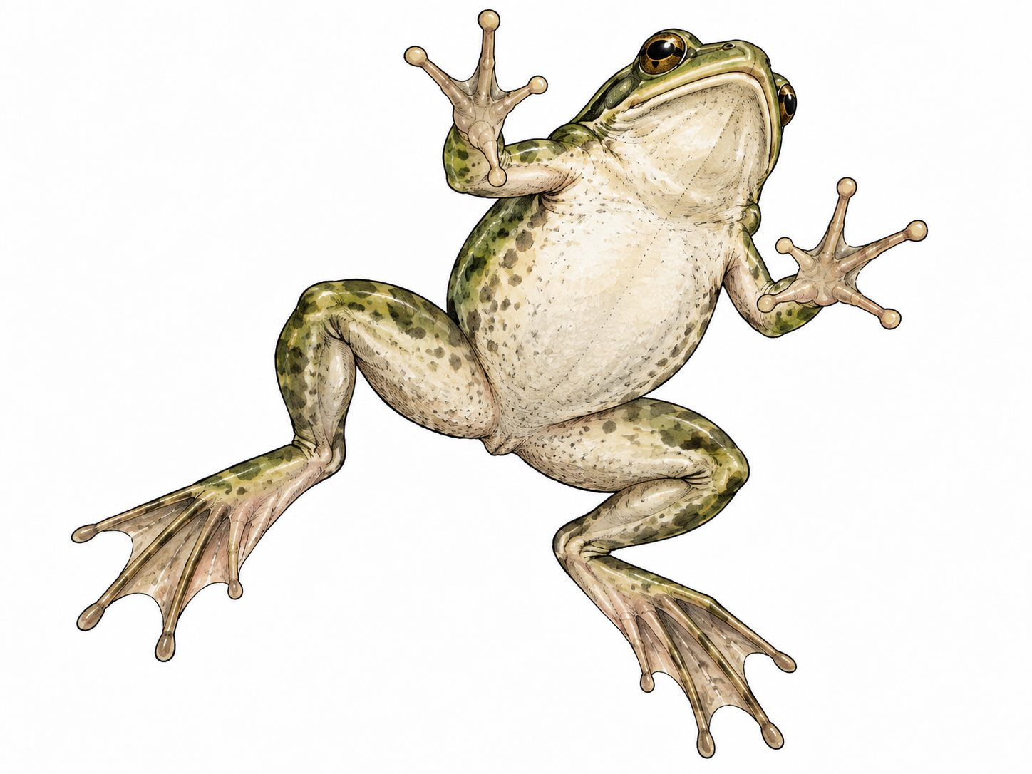 A realistic frog from underneath showing the pale belly side, limbs positioned naturally, no text.