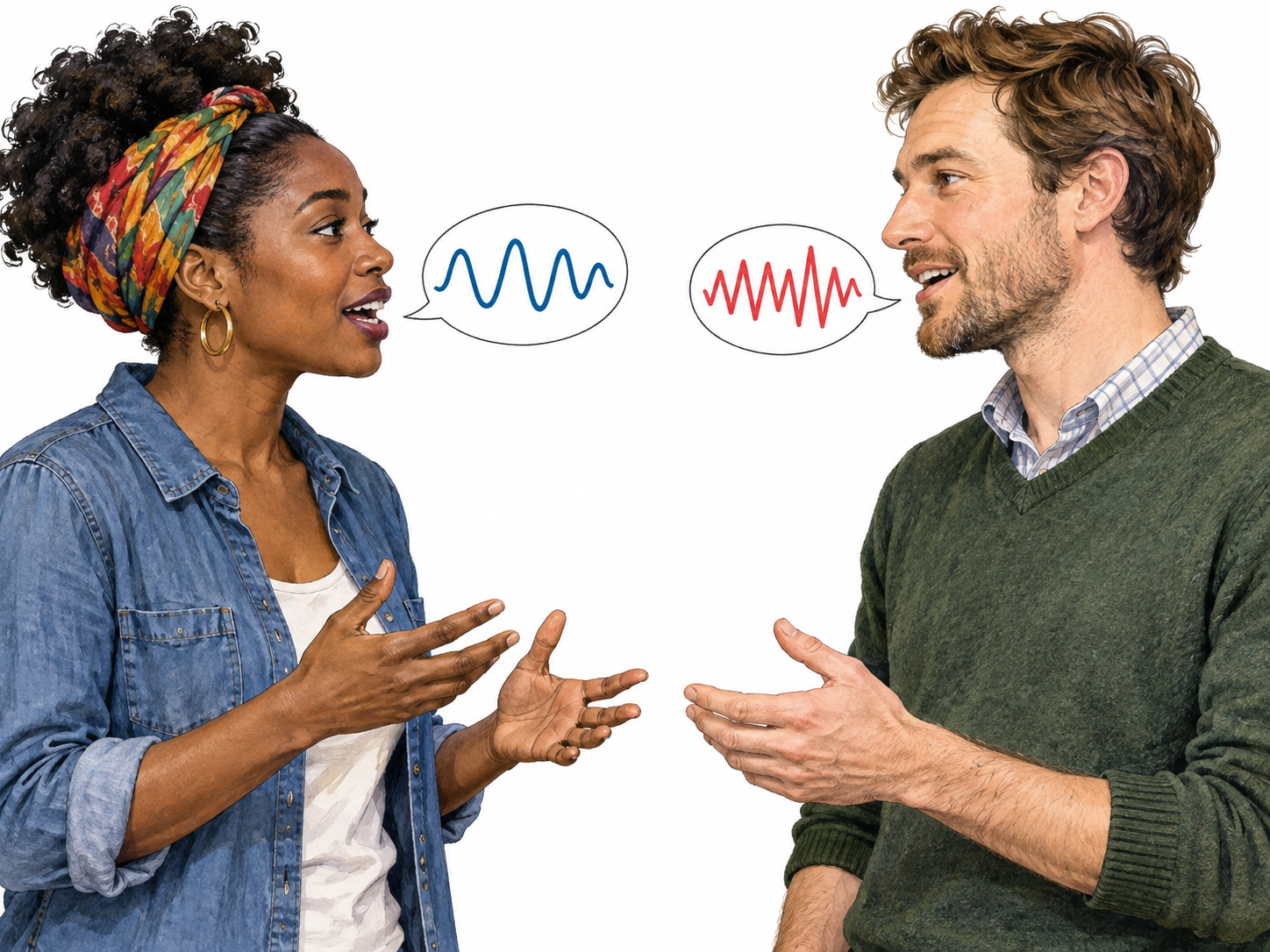 Two adults from different regions, a Black woman and white man, converse face to face with distinct simple speech-wave patterns, pronunciation variation no written words.