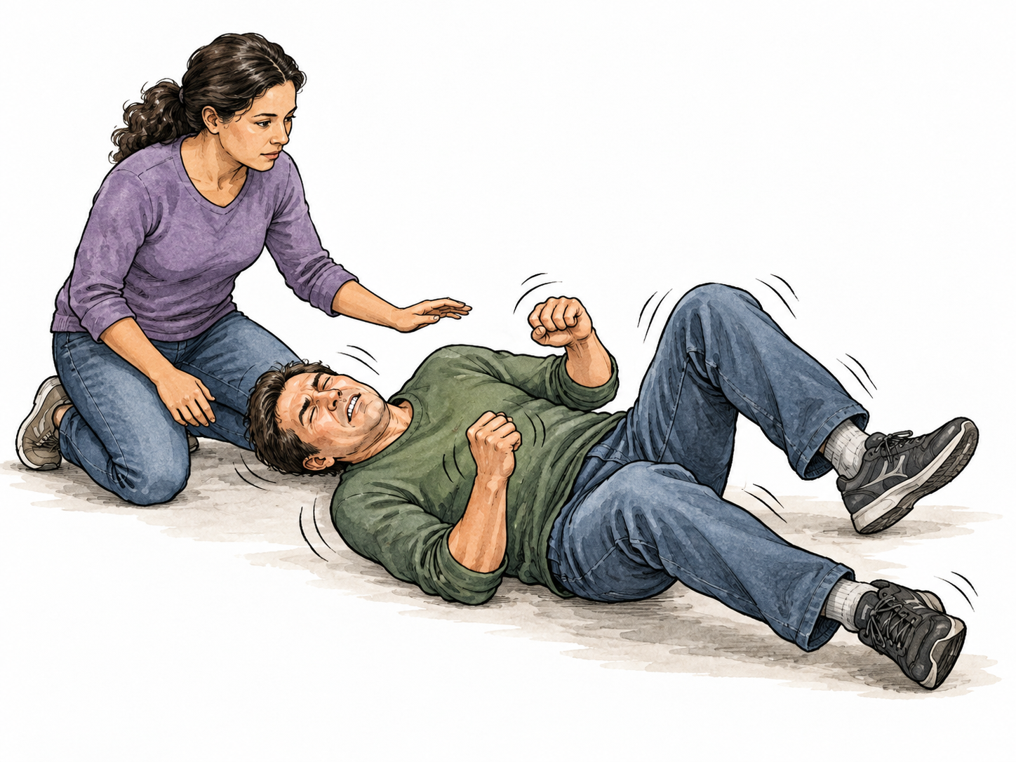 Educational depiction of an adult having sudden involuntary shaking while seated safely on floor with caregiver nearby, restrained no gore.