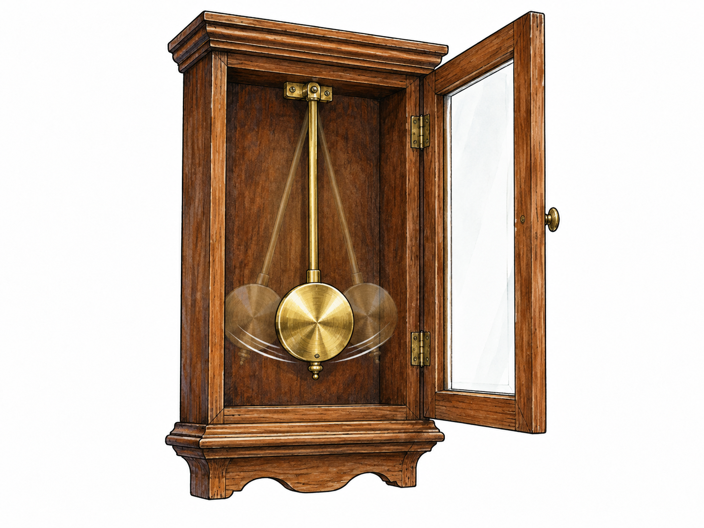 A brass pendulum suspended from a fixed pivot swings within open wooden clock case.