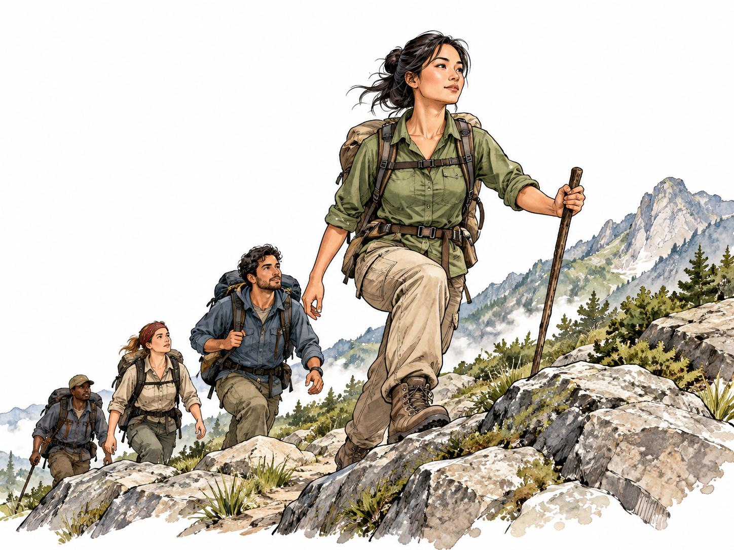 A confident East Asian woman explorer leading companions along a safe mountain path across rough terrain, poised heroic main female character, practical clothes.