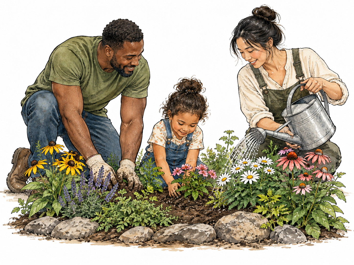 Black father and East Asian mother and their child peacefully tending one flowering garden bed together, balanced complementary actions and warm mutual attention.