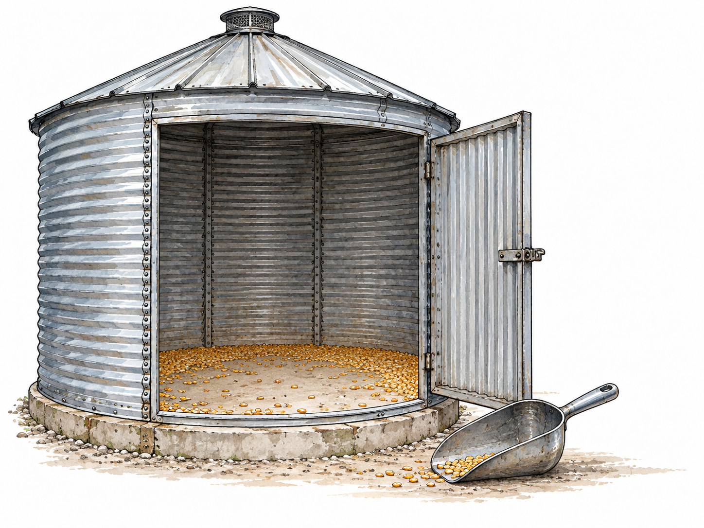 A nearly empty grain storage bin, just a thin layer of kernels left, scooping bowl set nearby.