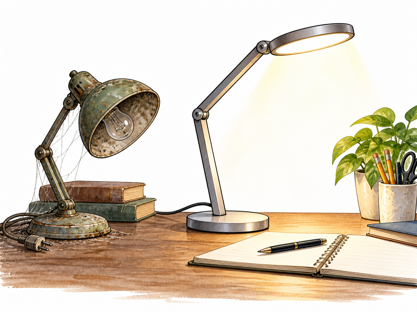 An old worn incandescent desk lamp set aside beside a new efficient lamp now illuminating the same desk, clear replacement role.