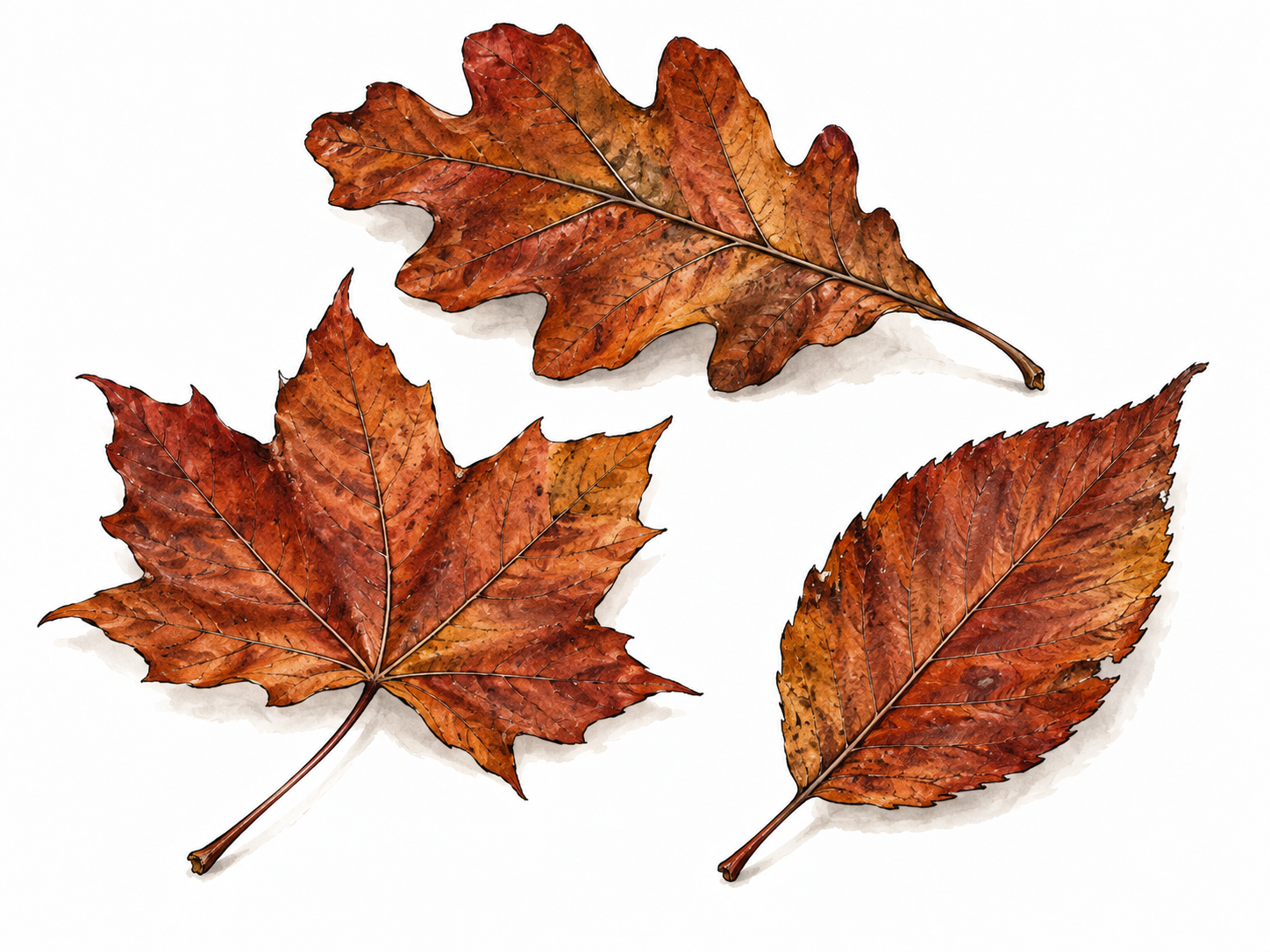 Three russet reddish-brown autumn leaves against pale background, rich natural color and crisp veins.