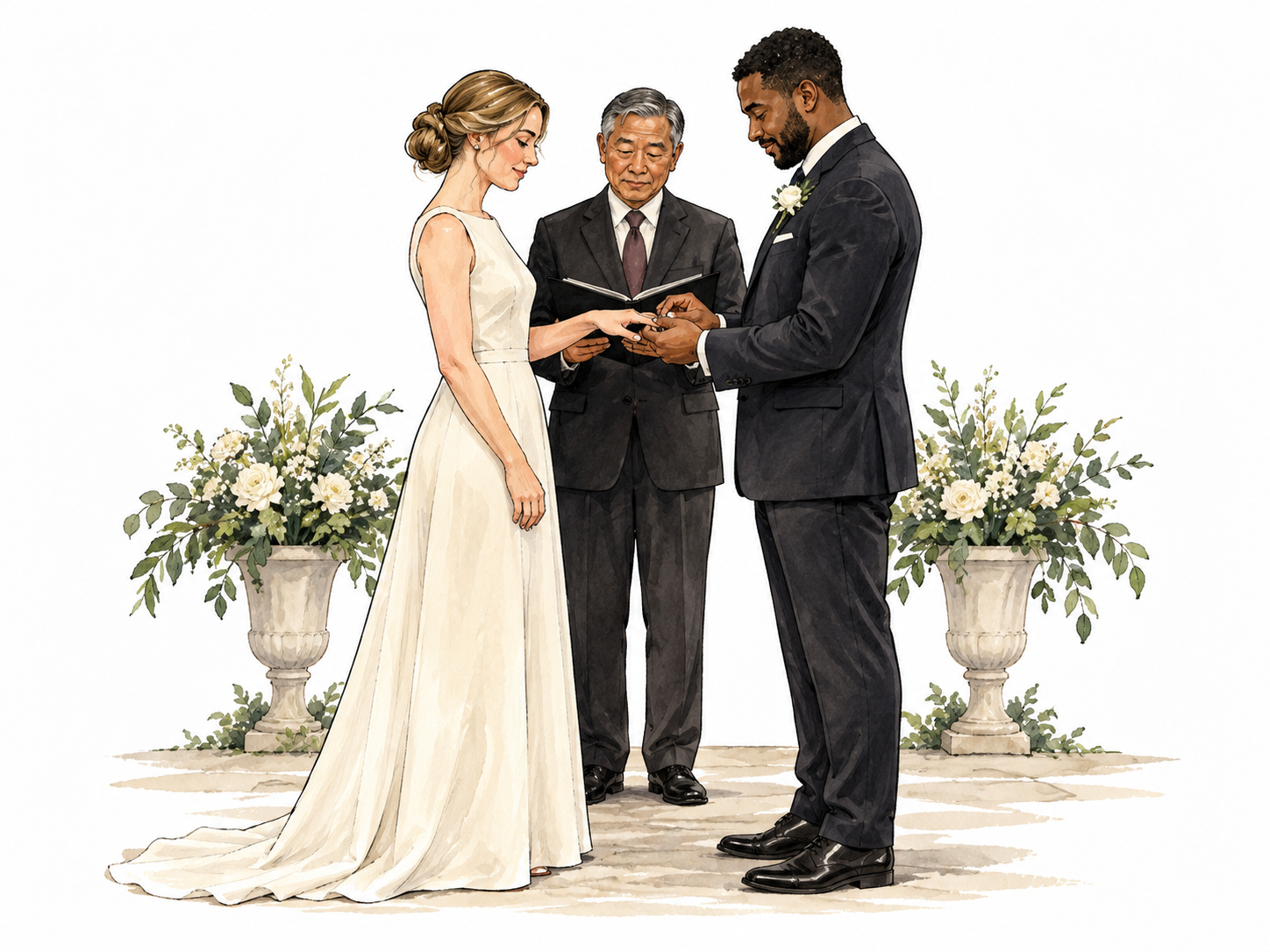 White bride in plain cream dress and Black groom in dark suit at a civil ceremony, dignified upright posture and exchanging rings before an older East Asian officiant.