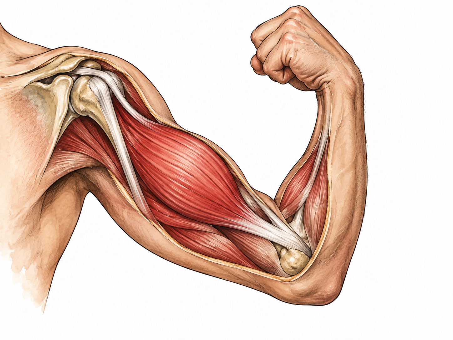 An anatomical study of one bent human arm with clean educational skin cutaway revealing the red biceps contracting between shoulder and forearm, no gore.