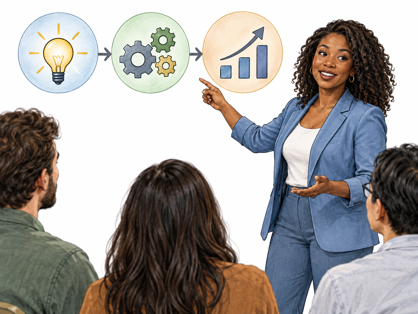 A Black woman presenter points back to three simple pictograms summarizing a completed demonstration, no text.