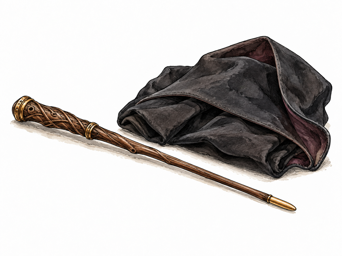 A slender carved wooden magic wand with a subtle gold tip lying beside a folded dark cloak, no sparks or cartoons, realistic object.