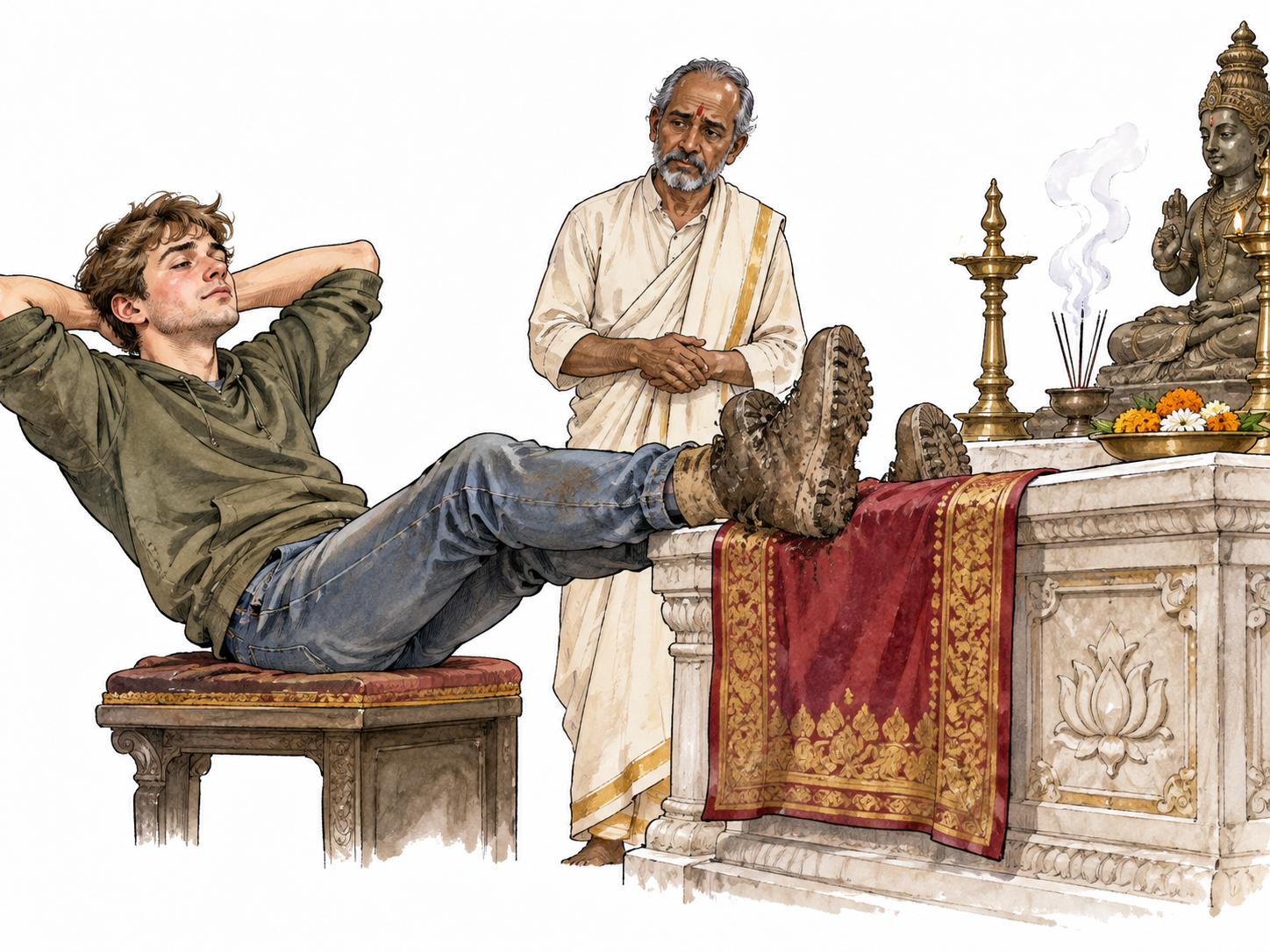A young white man keeping muddy boots propped on a revered ceremonial altar while an older South Asian caretaker reacts with quiet dismay; generic sacred setting, restrained depiction of irreverence.