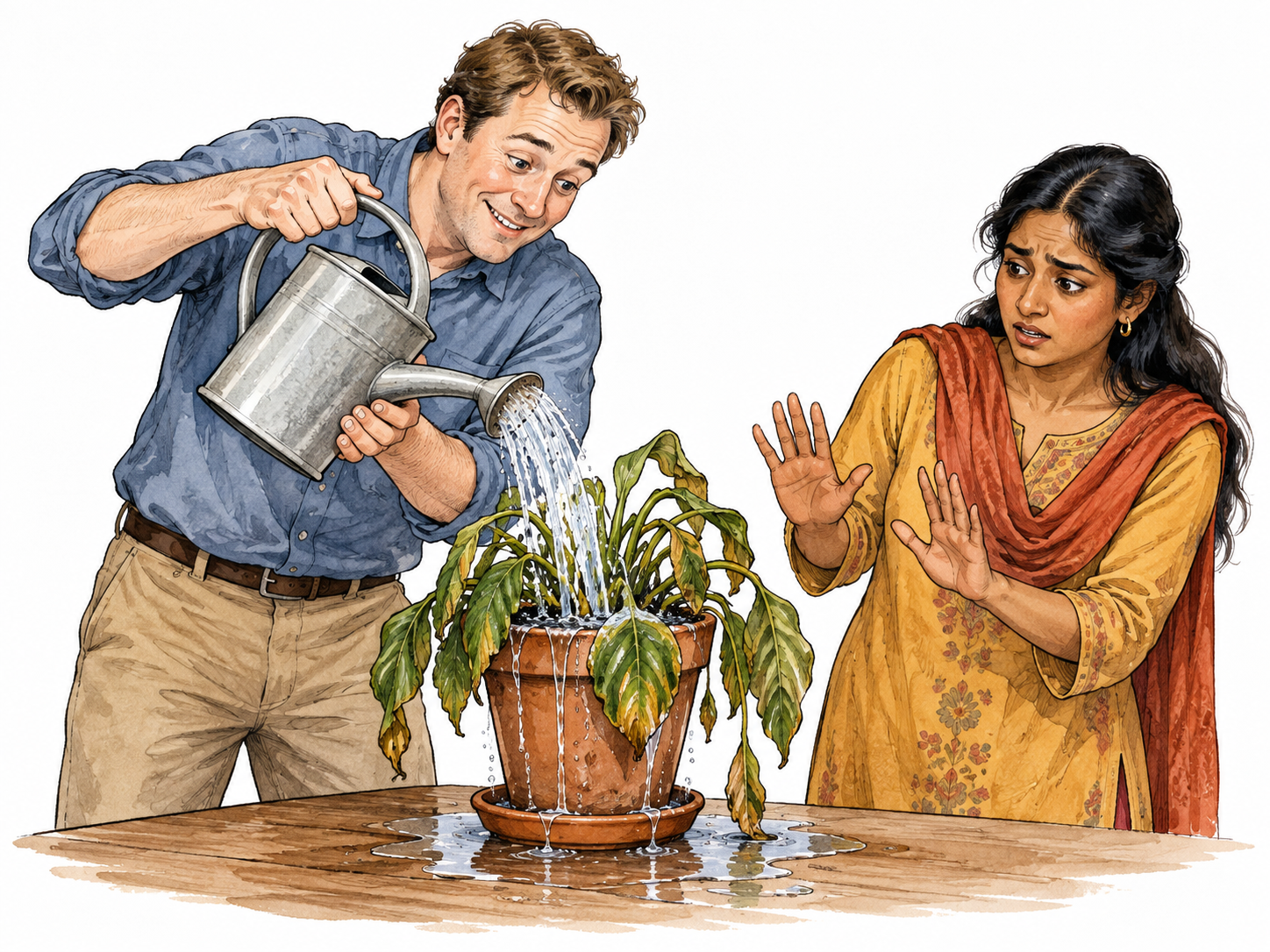 A well-meaning white adult overwatering a drooping potted plant while its South Asian owner looks dismayed, help causing harm.