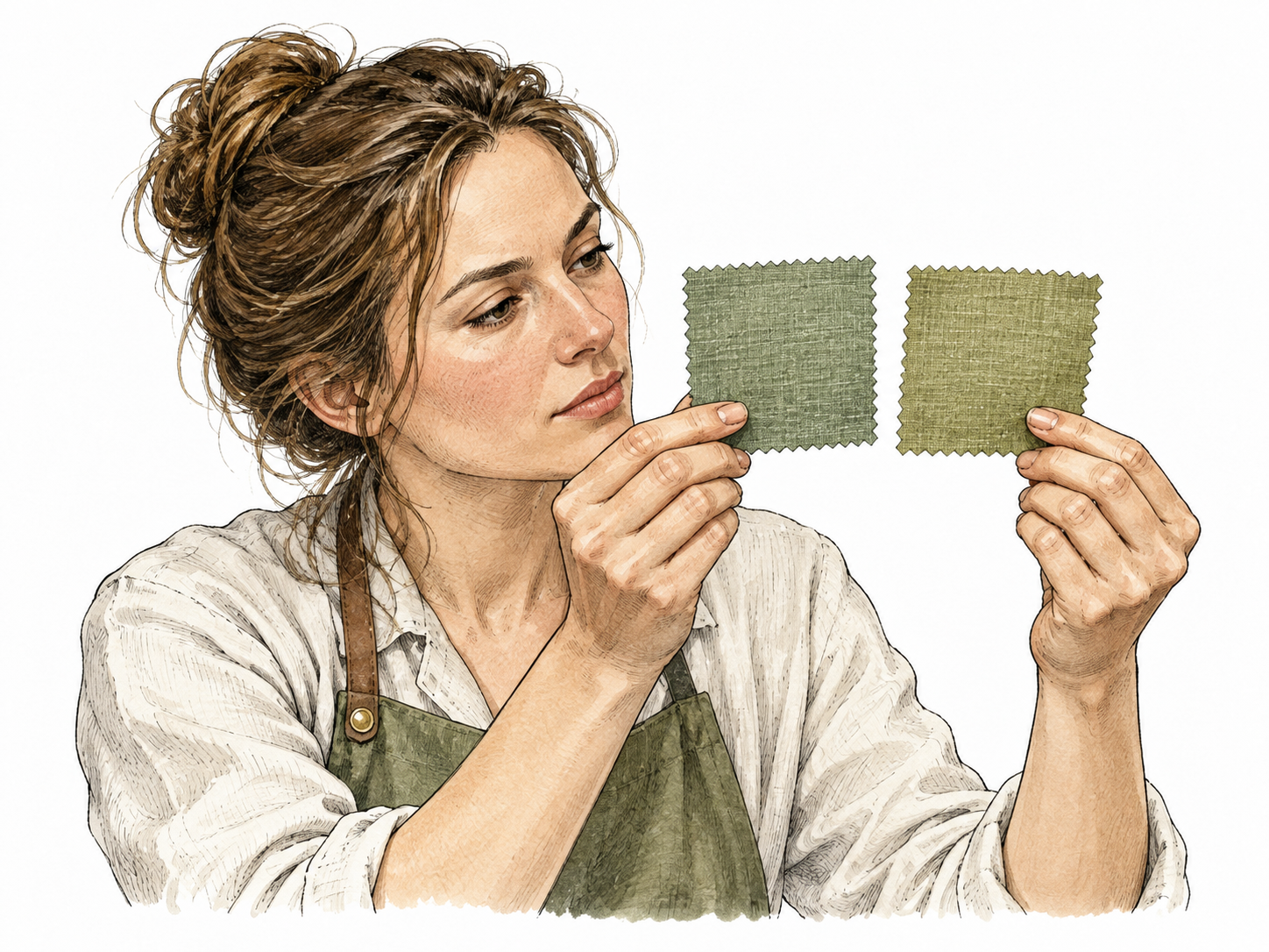 Two nearly identical sage-green fabric swatches with a slight hue difference examined closely by a white textile artist.