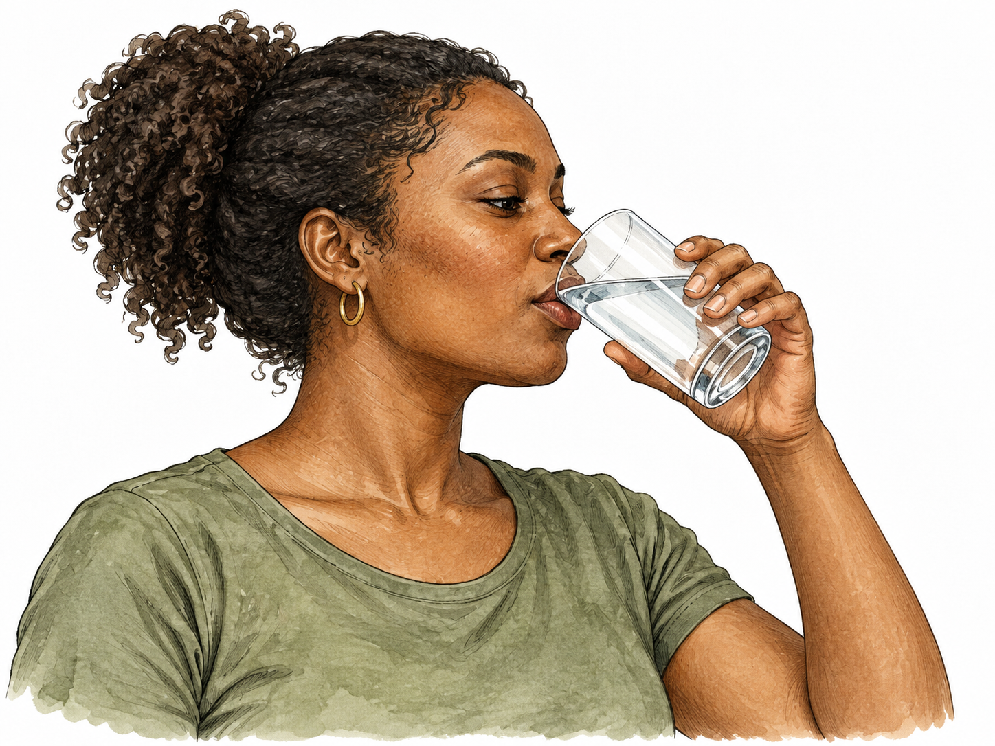 A Black woman drinks clear water from a glass, natural hand and glass contact.