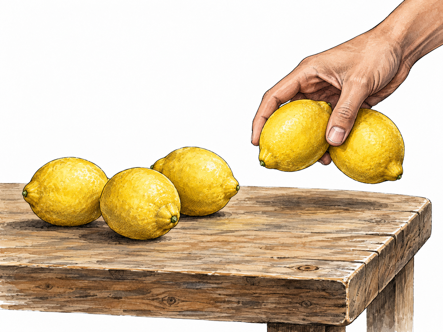 A hand adds two lemons to three already on a table, addition visually clear.