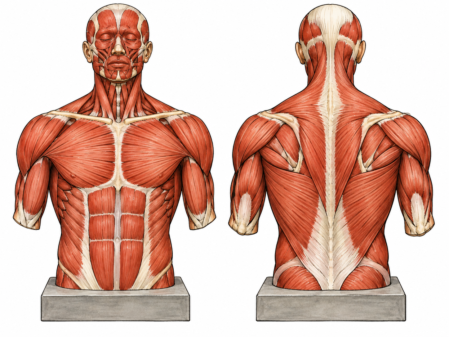 A medical-school tabletop anatomical teaching model of the human upper torso, red sculpted muscle groups visible across chest, shoulders and upper arms; front and back model busts side by side.