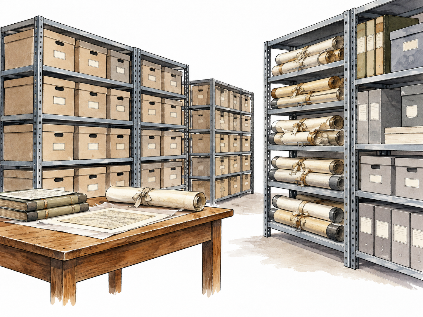 Orderly archival repository with shelves of boxes and rolled documents, preservation and storage.
