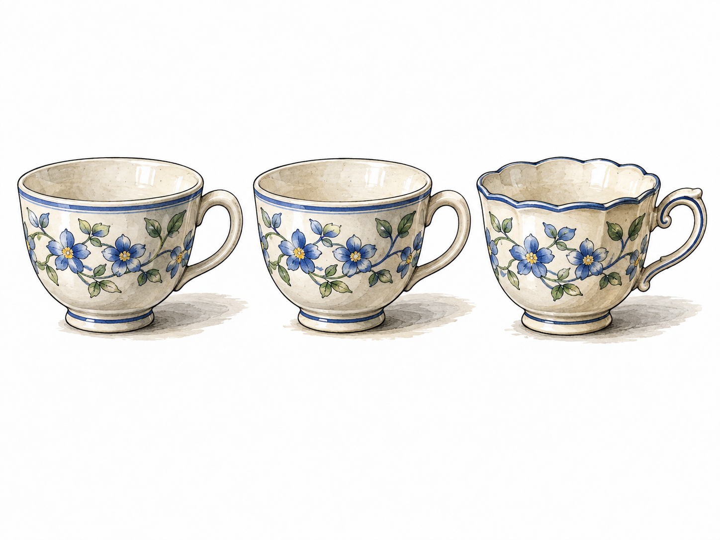 Three similar ceramic teacups, one with a slightly different handle and rim.