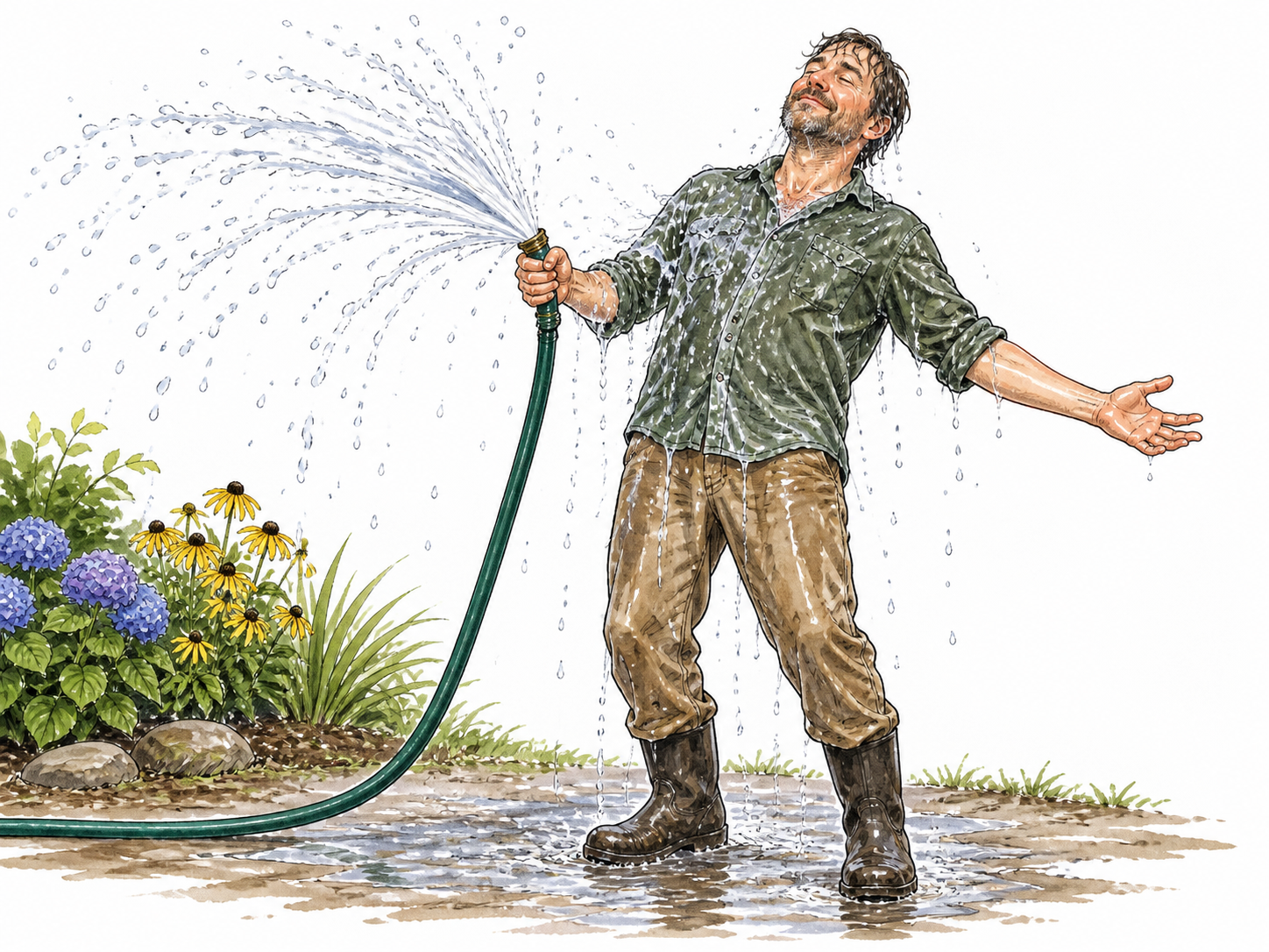 A white adult gardener soaked completely by a burst hose, wet clothing and splashing water, no distress.