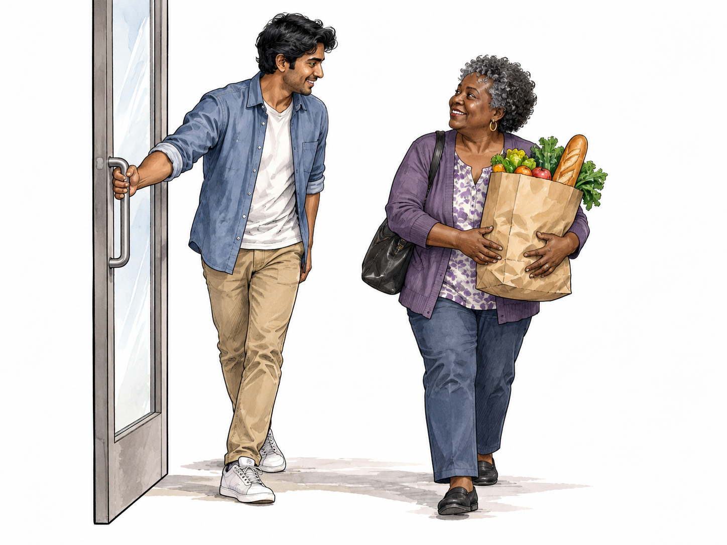 A South Asian young man courteously holds a door for an older Black woman carrying groceries.