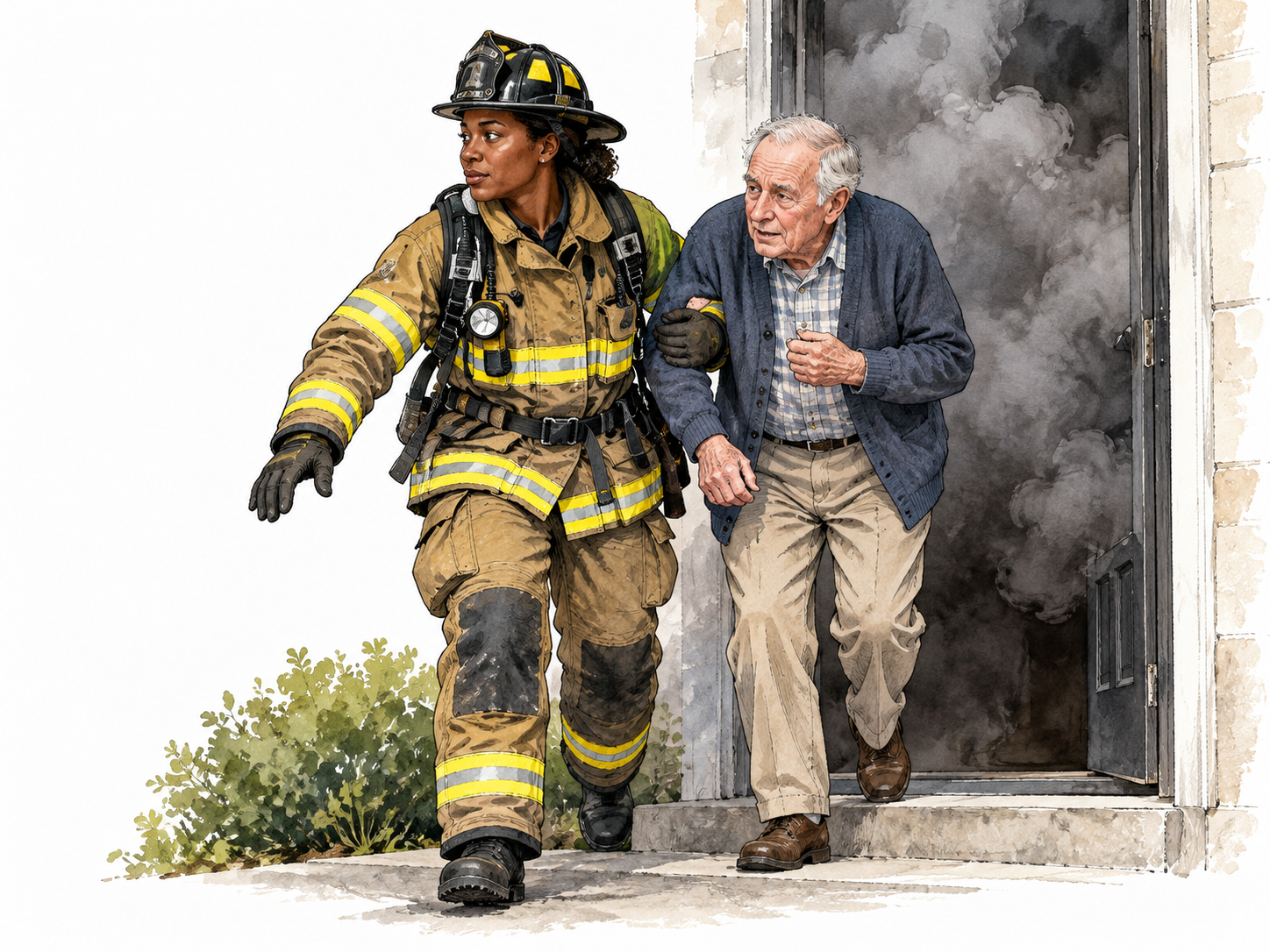 A Black woman firefighter guiding an elderly white man out of a smoky doorway into clean air, restrained realistic heroism, no flames near bodies.