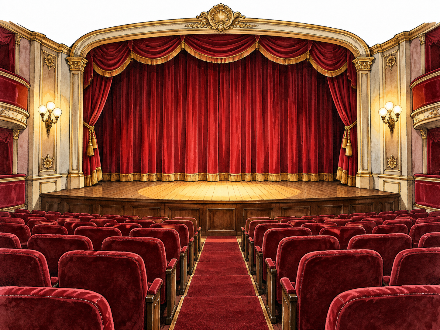 Interior theater with velvet seats facing a lit stage and drawn curtains, no performance text.