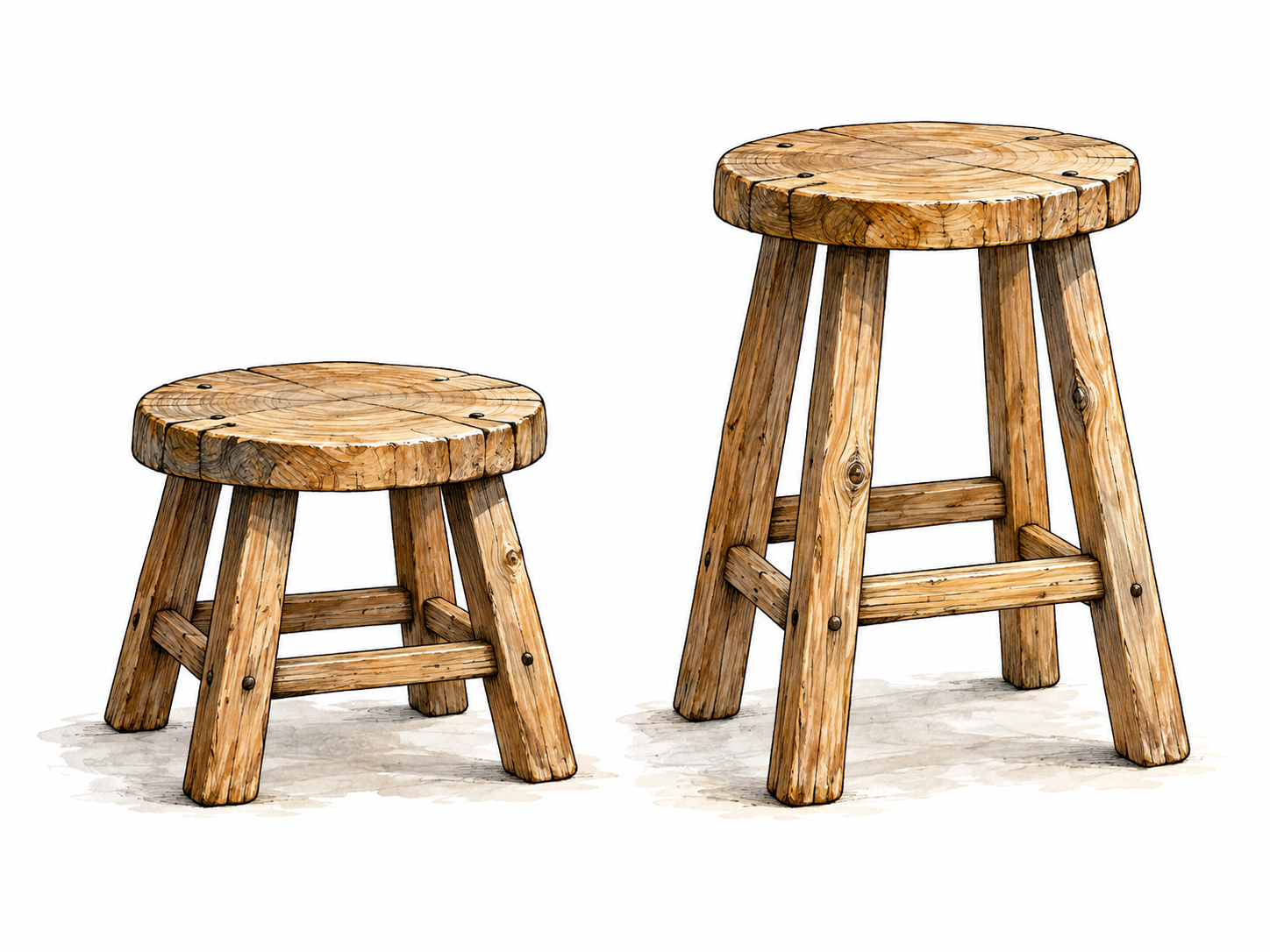 Two handmade wooden stools side by side of visibly different heights, clear measurable difference.