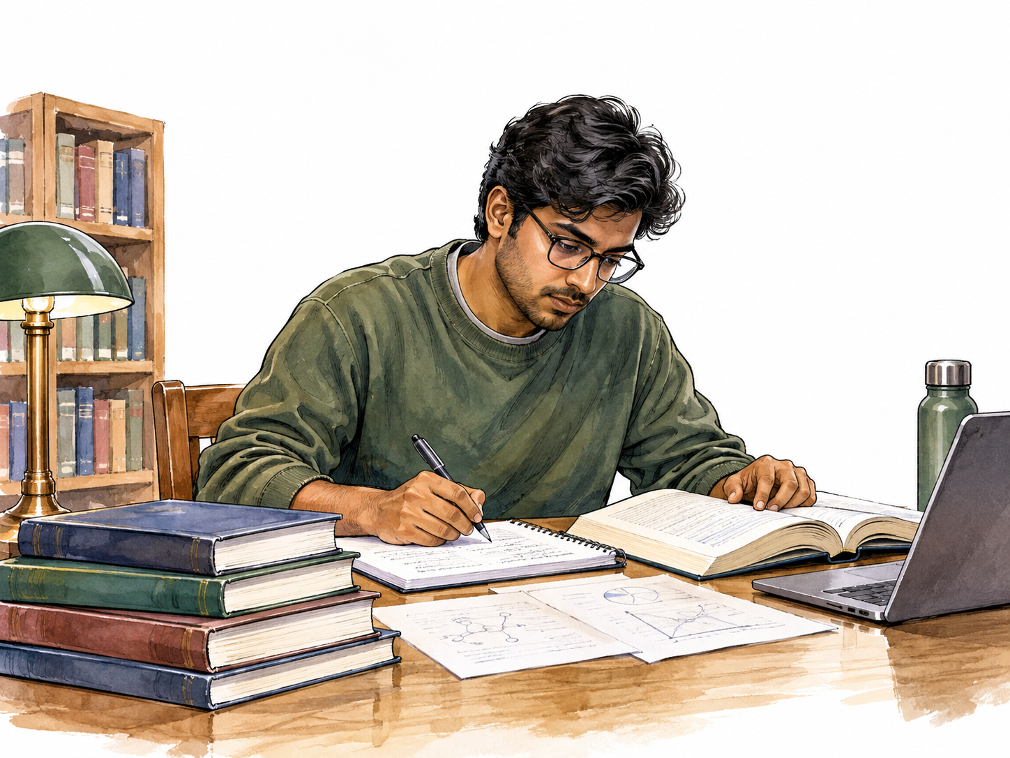 A South Asian graduate student studying carefully beside books and scientific notes in a university library, no legible text.