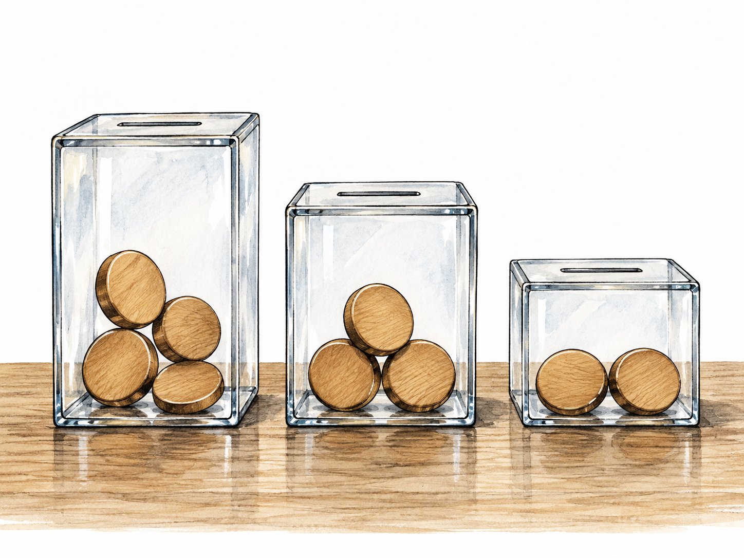 Three transparent vote containers containing exactly four, three and two identical voting tokens, tallest share four out of nine; no text.