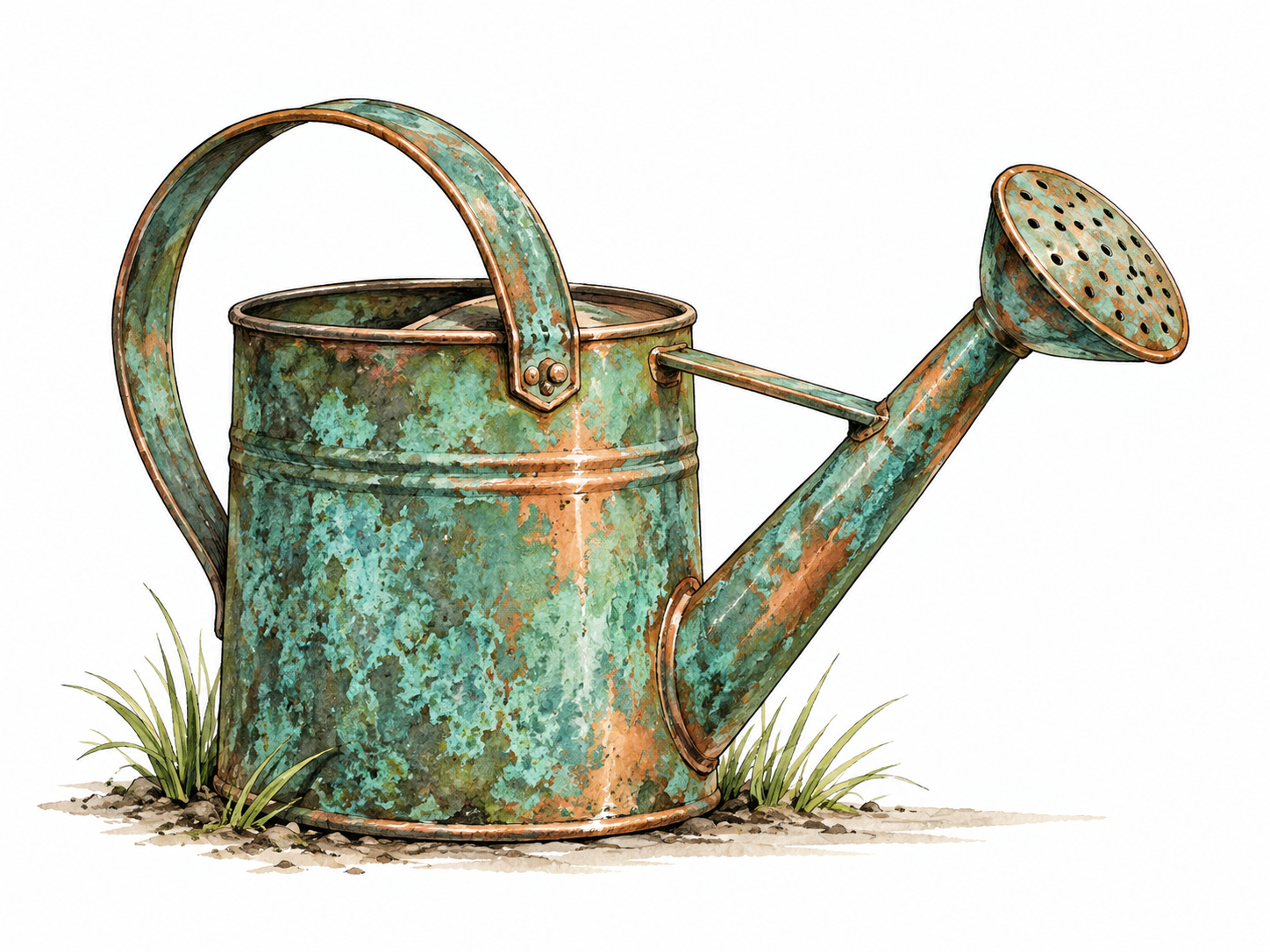 An aged copper watering can, green turquoise patina spreads over copper surface, metal visible at worn edges.