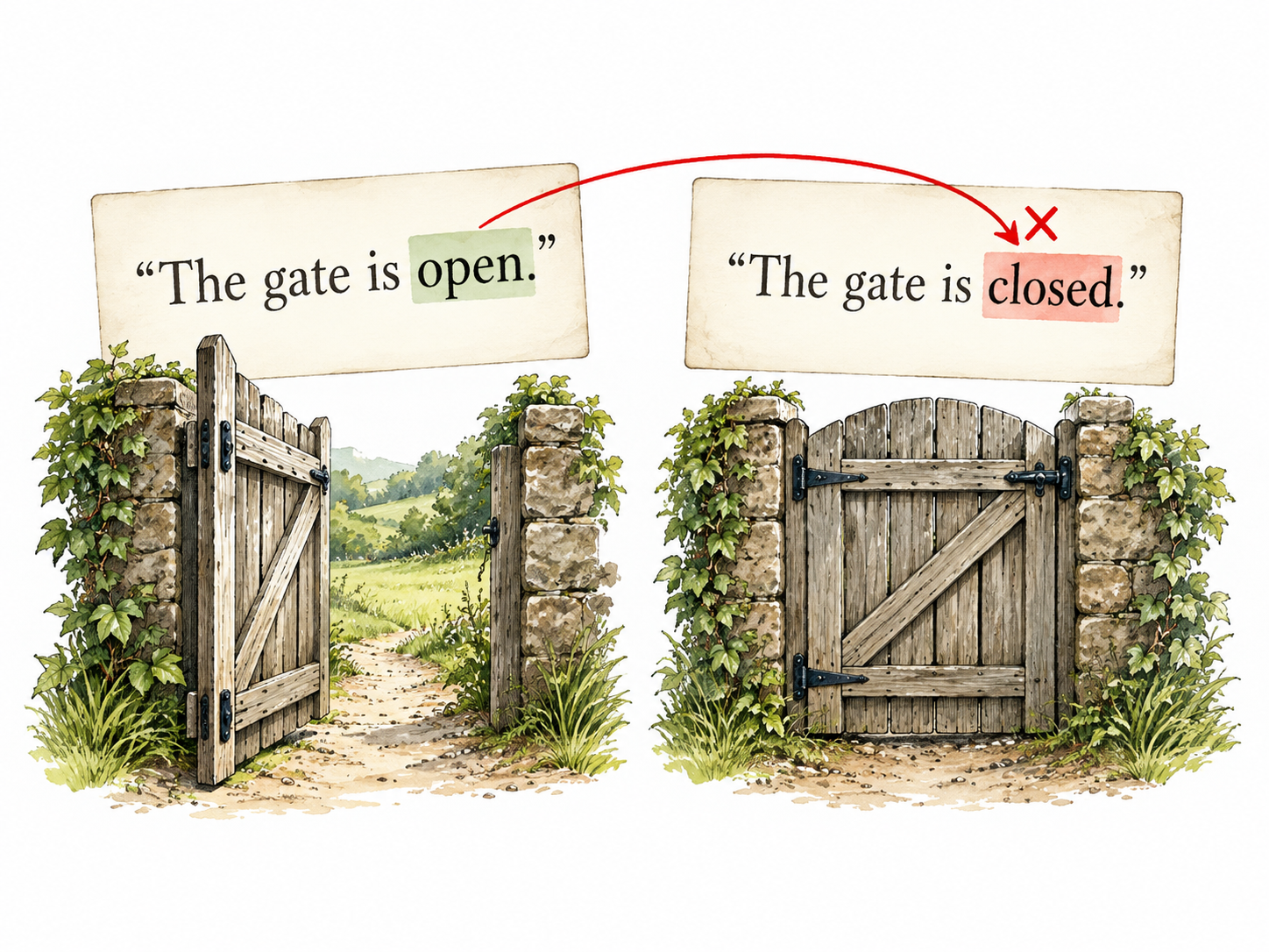 Two cards: original "The gate is open." beside inaccurate quotation "The gate is closed." Red small correction mark links the changed words; exact readable wording.