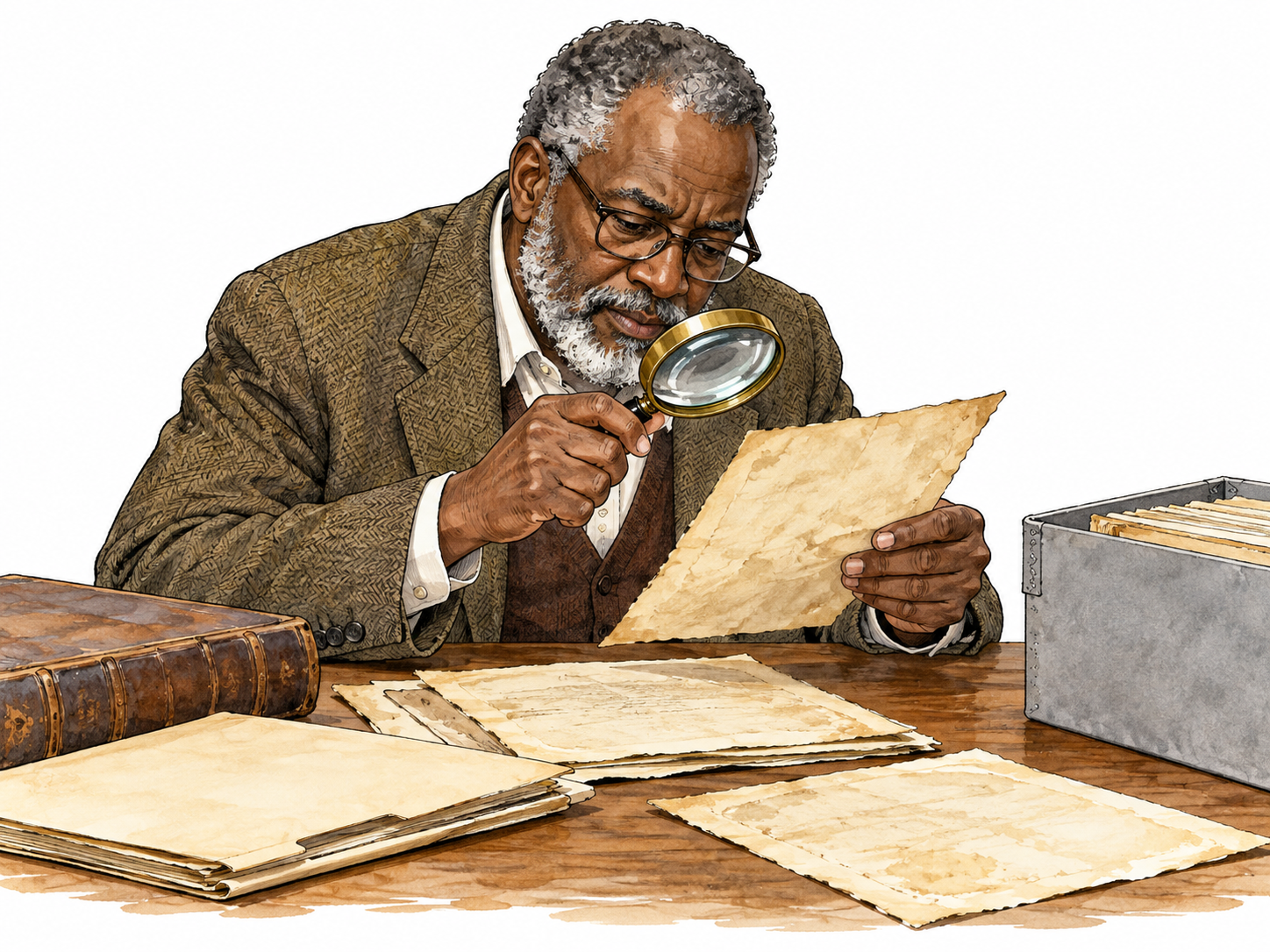 Black older historian closely studies several archival documents using magnifying glass, no readable text.