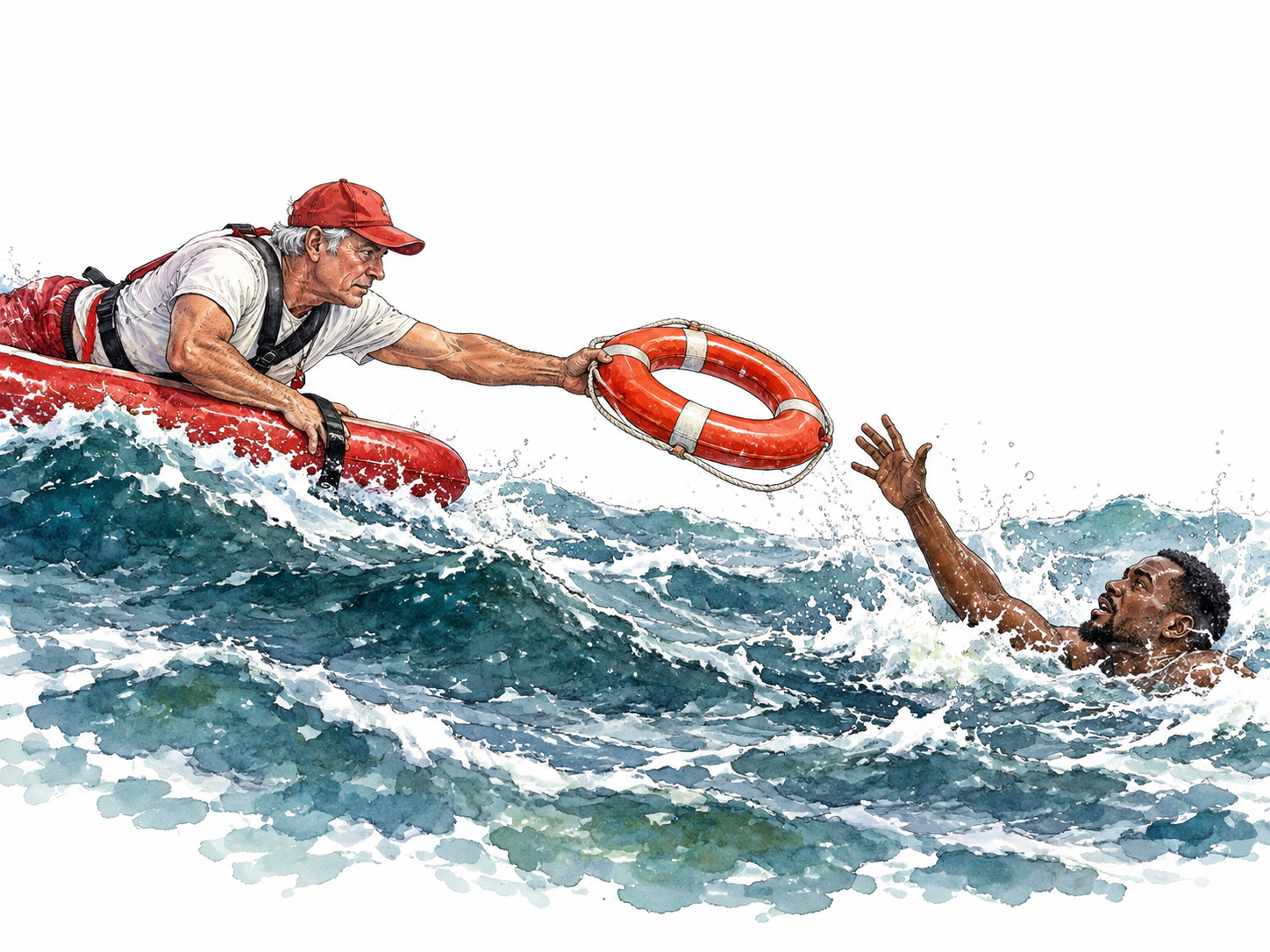 An older white male lifeguard reaching a flotation ring to a struggling Black adult in choppy water, courage under danger, no injury.