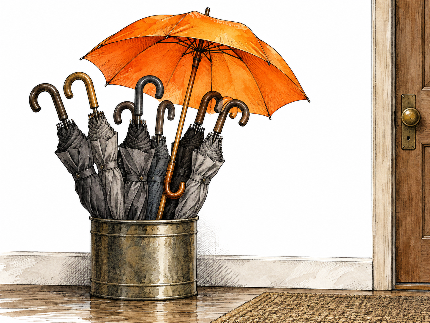 A single bright orange umbrella opens indoors among closed gray umbrellas, unusual unexpected contrast.