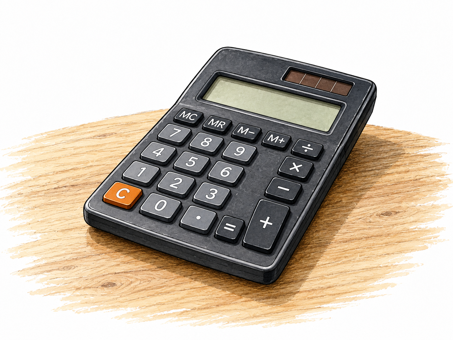 A simple handheld calculator on desk with numeric keypad and blank display, realistic product.