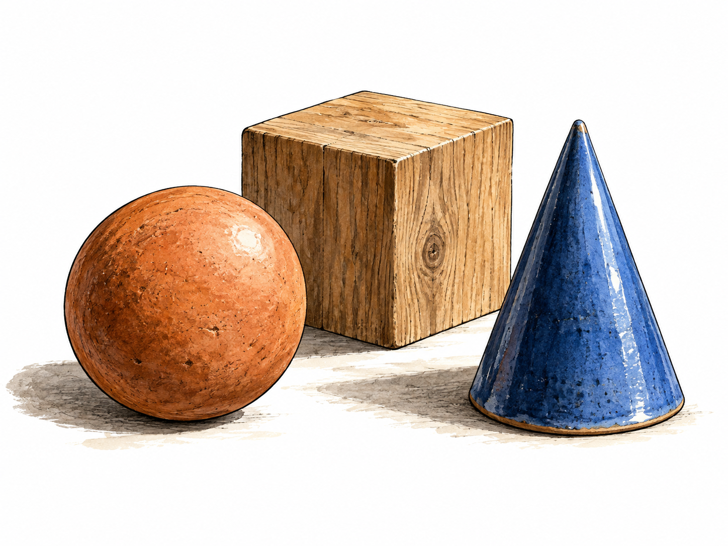 A simple arrangement of sphere, cube and cone in terracotta, wood and blue ceramic, strong readable distinct three-dimensional shapes.