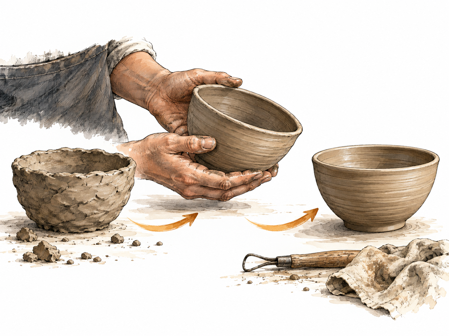 Three successive clay bowls made during repeated pottery practice, the middle version being inspected, repeated cycle.