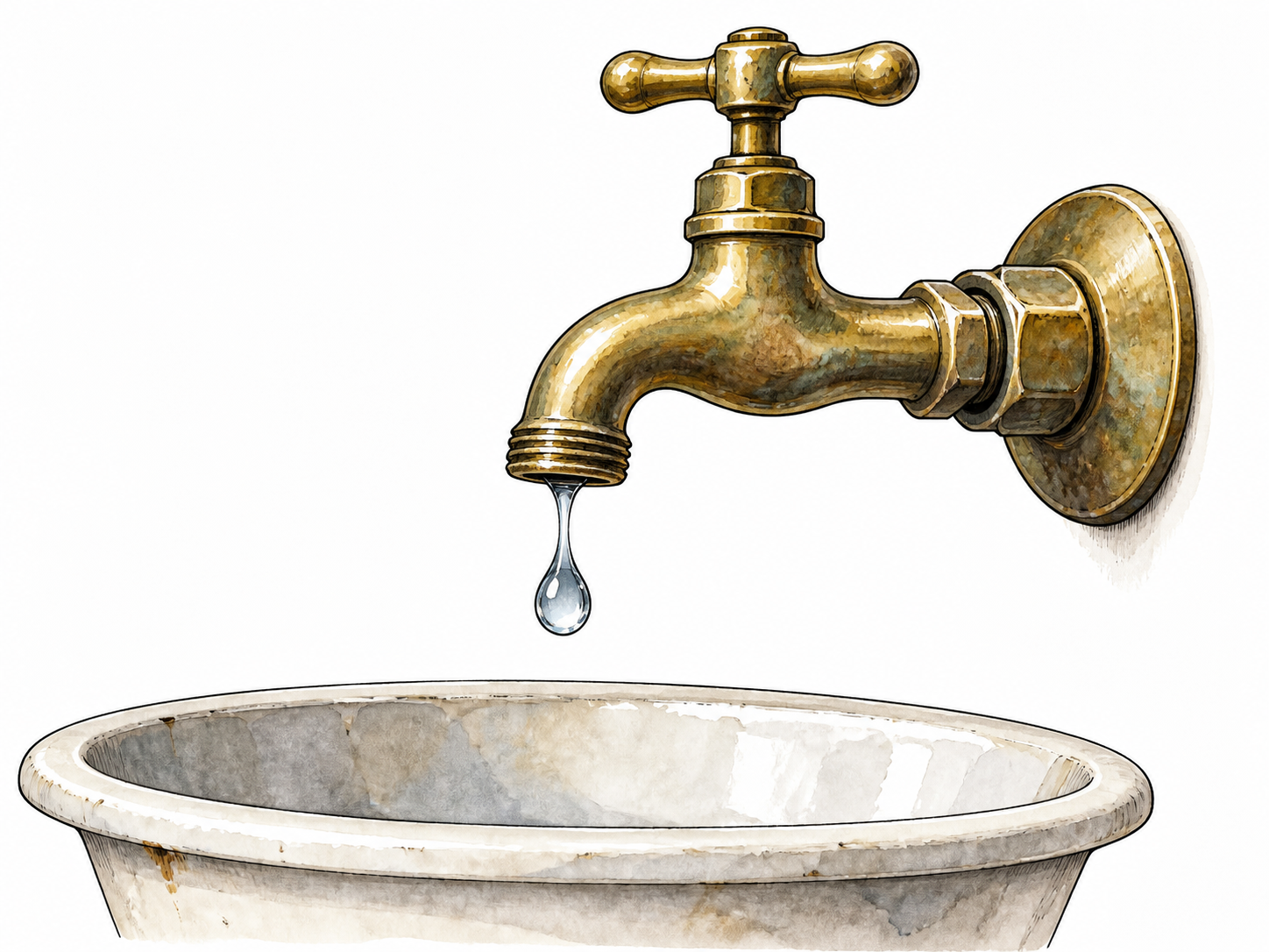 A leaky brass faucet releases a single falling water droplet into basin.