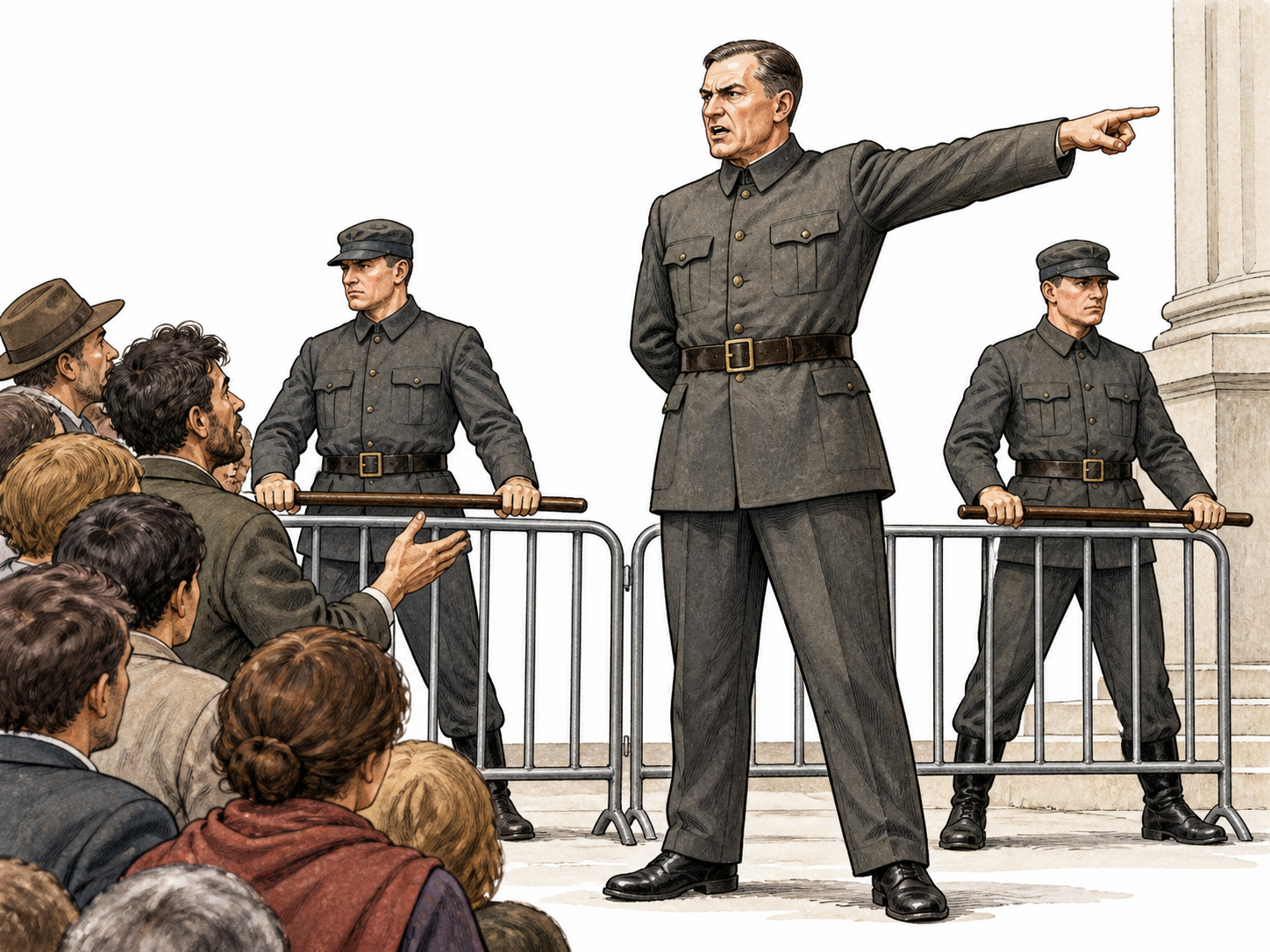An authoritarian official in plain uniform gives rigid orders while guards bar public assembly, no insignia or slogans, oppressive solemn mood.