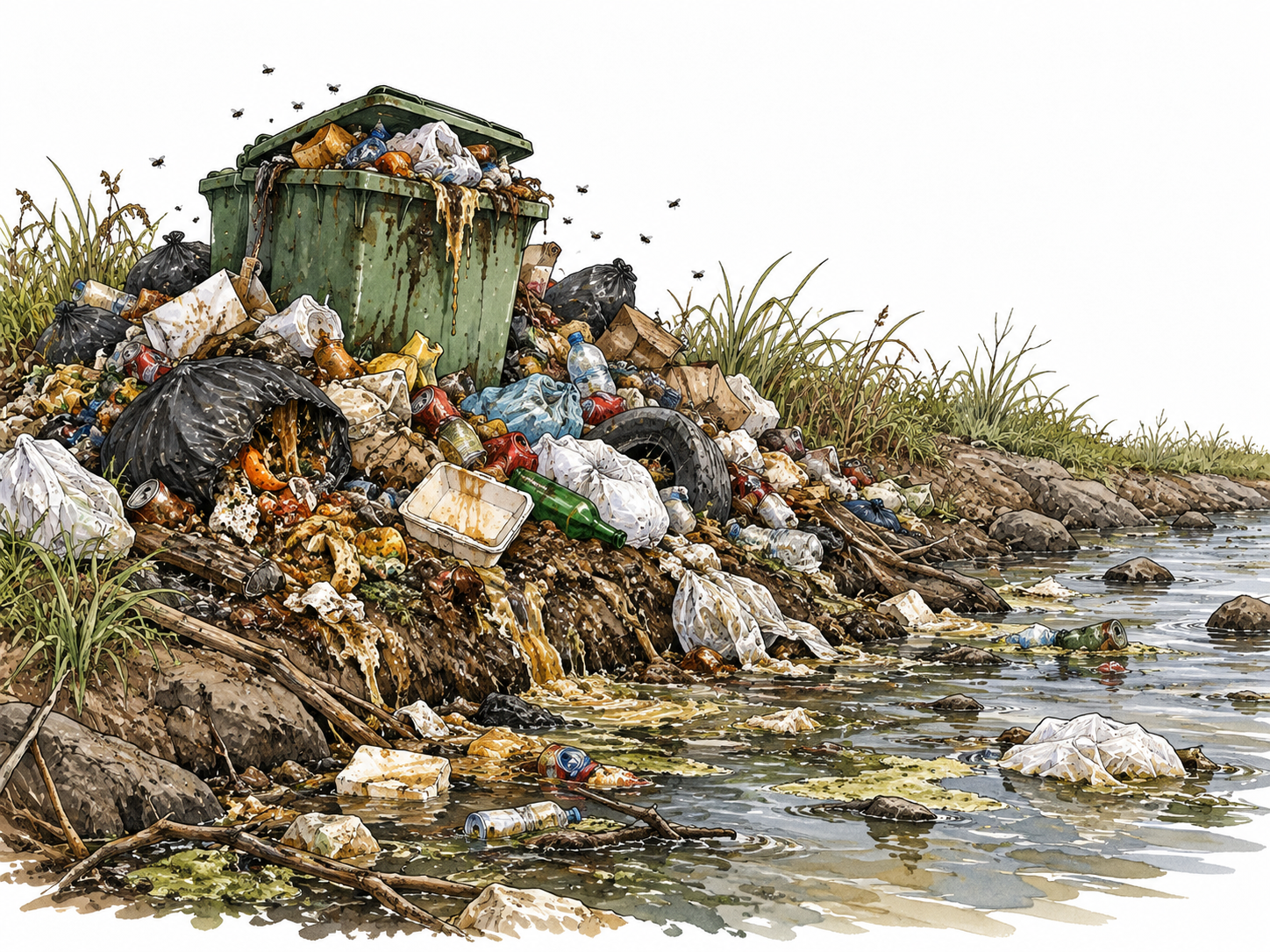 A filthy overflowing neglected rubbish heap beside polluted stream, visibly repulsive.