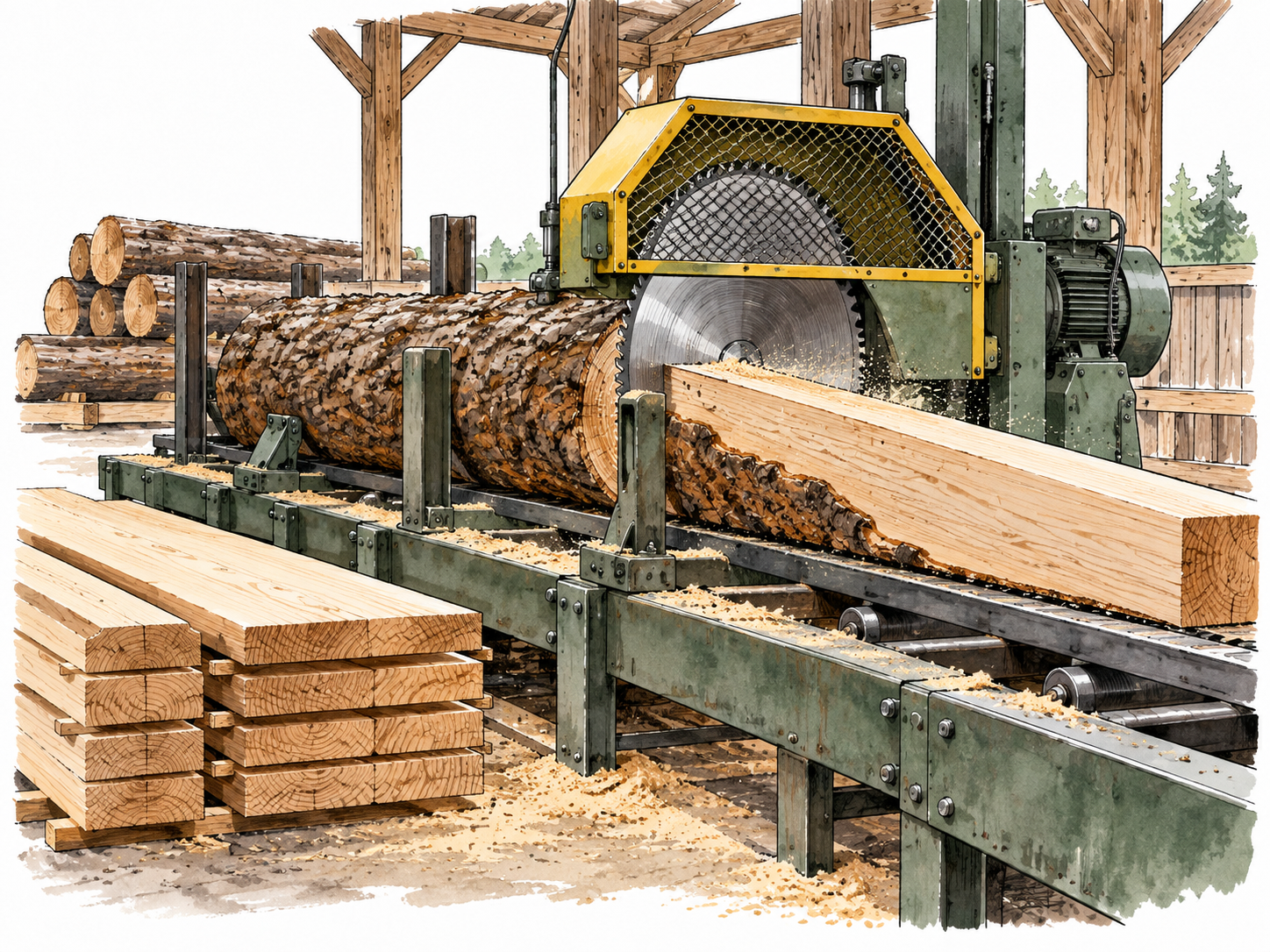 A sawmill interior with a large saw cutting a log lengthwise into straight lumber, saw blade guarded; no people in unsafe proximity.
