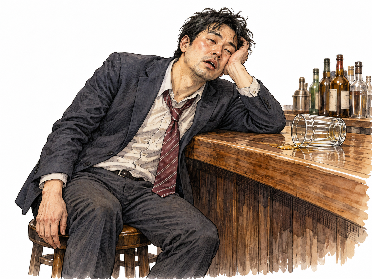 An adult East Asian man unsteady and slumped at a bar beside a tipped empty beer glass, non-comic impaired expression.