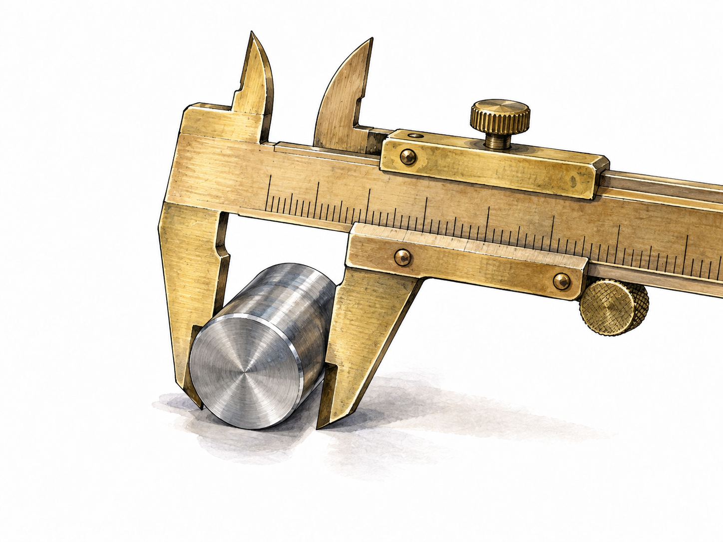Close still life of a precision brass caliper measuring the diameter of a small machined metal cylinder, instrument as practical tool.