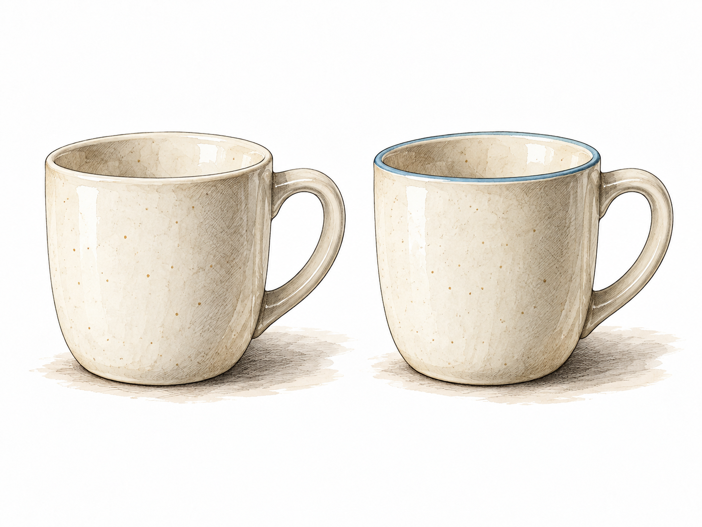 Two cream ceramic cups differ only by a tiny pale blue rim, a subtle difference visible on careful inspection.