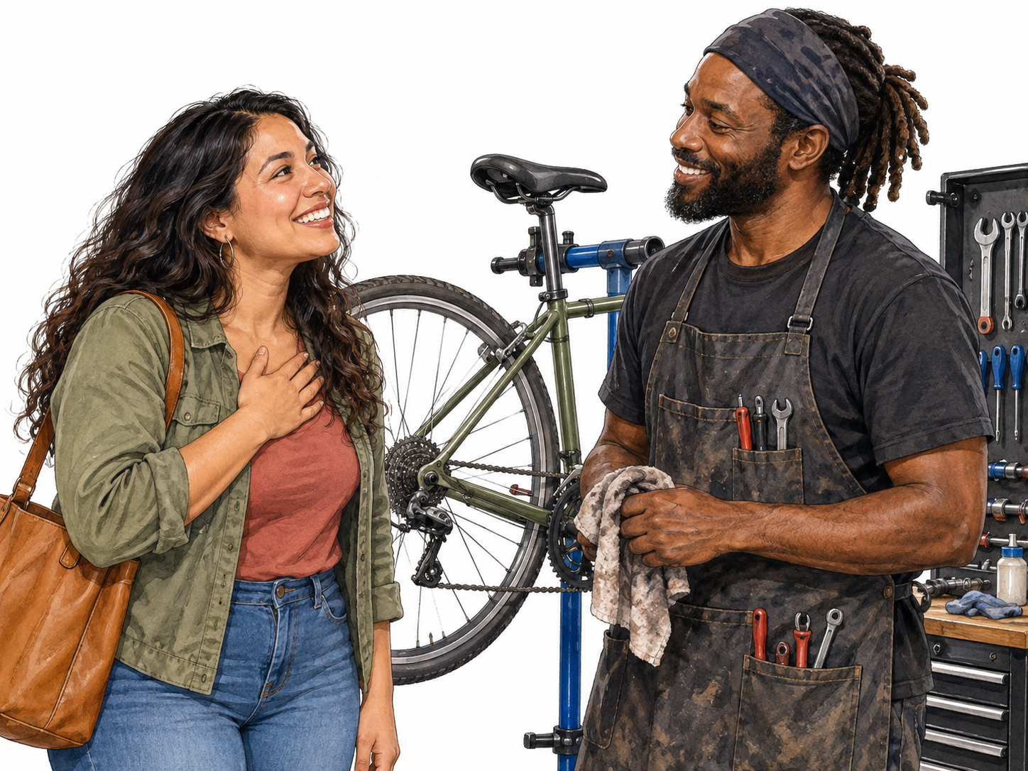 A Latina woman warmly thanks a Black bicycle mechanic with grateful expression and hand over heart.