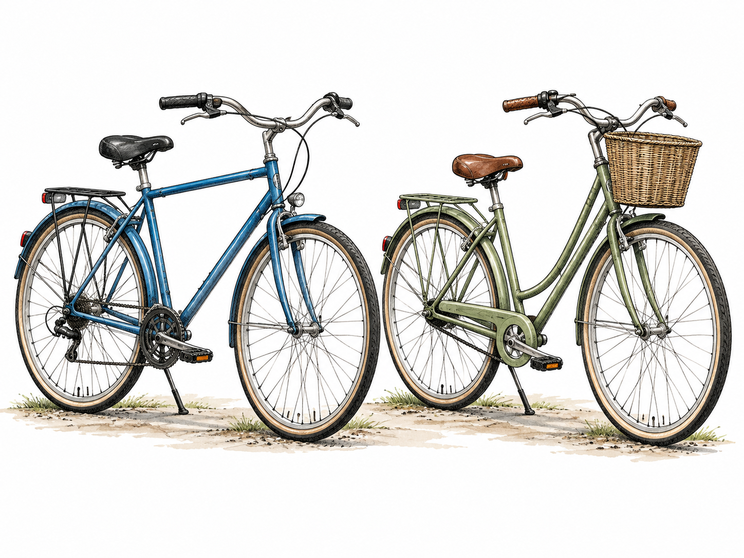 Two similar bicycles stand side by side with modest differences, comparable objects.