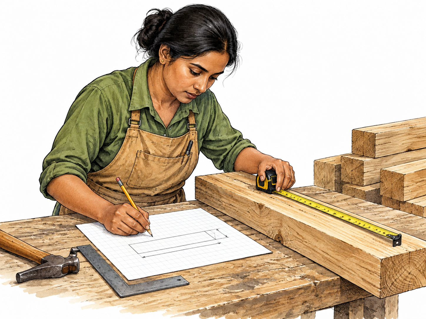 South Asian female carpenter measures timber and works out dimensions on plain graph paper with simple unlabeled geometric sketch.